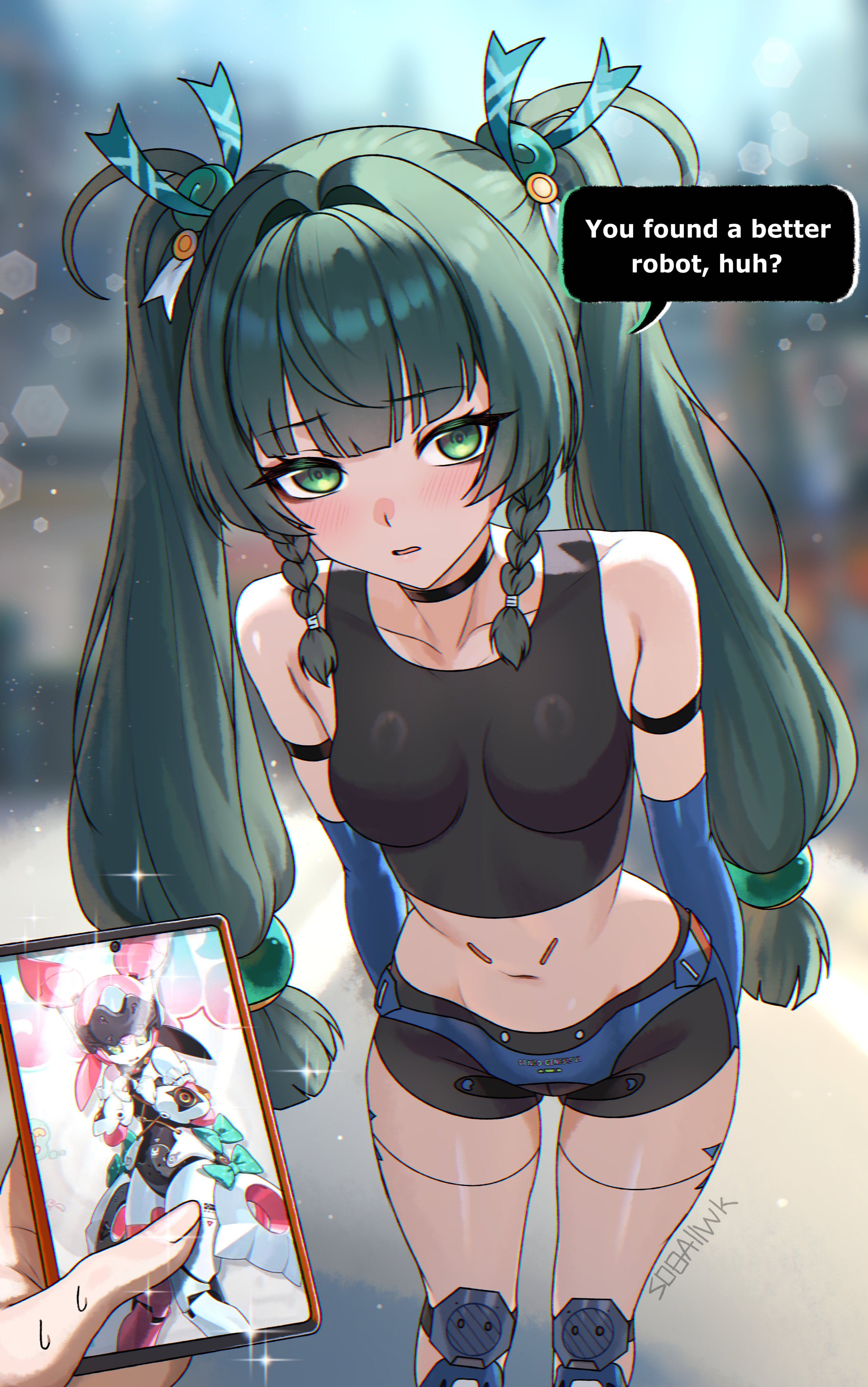 1girls, absurdres, android, angels of delusion, aria (zenless zone zero), aria (zenless zone zero) (robot form), blurry, blurry background, blush, braid, braided sidelocks, breasts, choker, clothing, colored speech bubble, commentary, day, english commentary, female, female only, green eyes, green hair, head tilt, highres, holding, holding phone, holster, humanoid robot, legs together, long hair, multiple hair clips, navel, phone, police, police uniform, policewoman, pov, qingyi (zenless zone zero), red streaks, robot, sad, shoulder holster, side braids, signature, small breasts, soba11 (artist), speech bubble, sweat, twintails, white kojinak, wide hips, wise (zenless zone zero), zenless zone zero