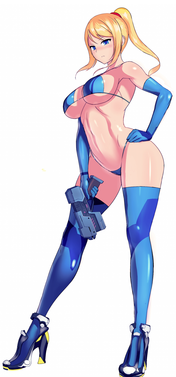 bikini blue_eyes booster-yoshy3 breasts cleavage female female_only gun hand_on_hip high_heels human large_breasts latex metroid nintendo ponytail rocket_heels samus_aran shiny shiny_clothes shiny_skin simple_background solo standing thighhighs thong tied_hair underboob weapon zero_suit