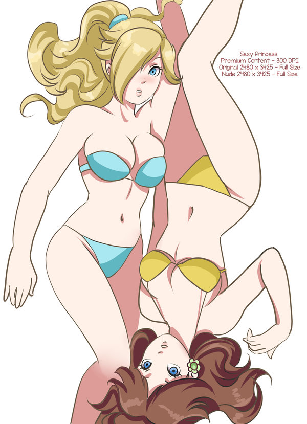 2girls aqua_eyes bikini blue_eyes boobieboom breasts cleavage female female_only hair_over_one_eye human looking_at_viewer mario_(series) multiple_girls navel nintendo ponytail princess_daisy princess_rosalina tied_hair underwear