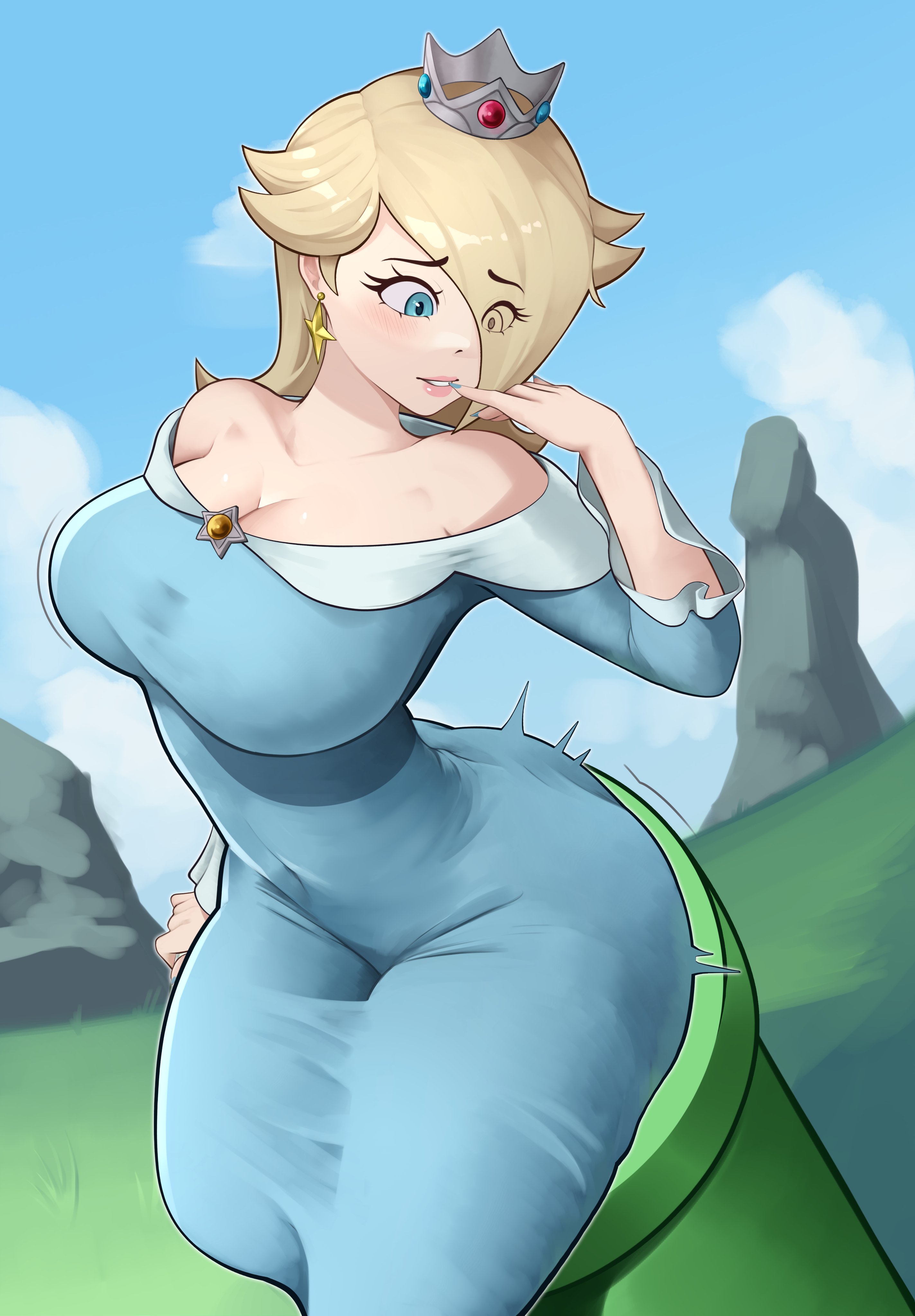 1girls, blonde hair, blue dress, crown, eye visible through hair, fair-skinned female, form fitting, form fitting clothing, grass, hair over one eye, hourglass figure, hourglass figured female, jpg, mario (series), meetup in bellabel park, mushroom kingdom, nervous female, nervous smile, nintendo, princess, princess rosalina, rocks, roughjam, skin tight, stuck, stuck in object, stuck in pipe, stuck in warp pipe, super mario bros., super mario bros. wonder, super mario bros. wonder + meetup in bellabel park, super mario galaxy, thunder thighs, thunderthighs, voluptuous, voluptuous female, warp pipe