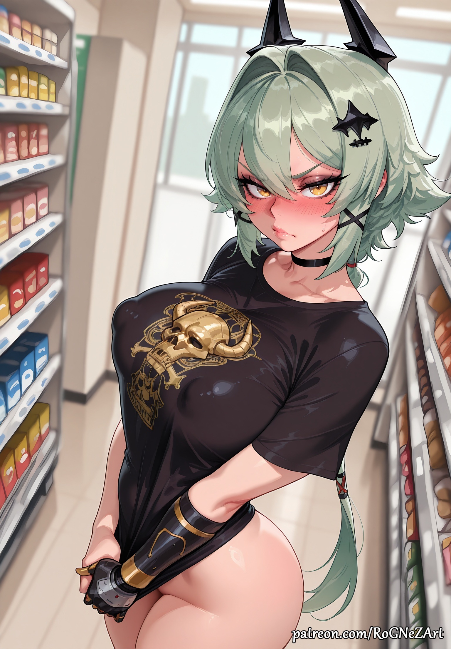 2025, ai generated, anime, ass, black choker, black shirt, blush, bottomless, breasts, buttocks, caesar king, caesar king (zenless zone zero), choker, cleavage, closed mouth, covered nipples, crossover, embarrassed, eye contact, female, female focus, female only, flushed, green hair, hair accessory, hair between eyes, hair ornament, highres, hoyoverse, huge breasts, indoors, inside, large breasts, long hair, looking at viewer, mihoyo, neutral expression, nsfw, patreon, rognezart, shirt, shirt tug, shop, solo, sweatdrop, t-shirt, thick thighs, thighs, very long hair, x hair ornament, yellow eyes, zenless zone zero