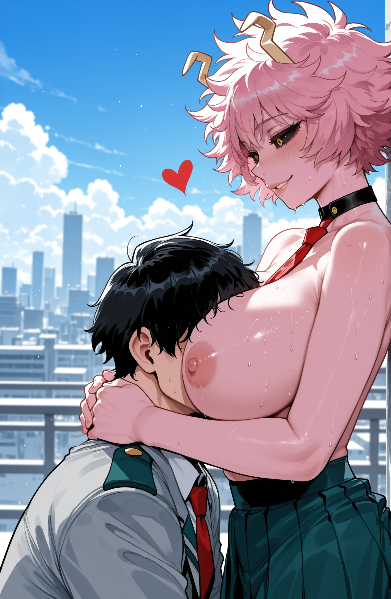ai generated, big ass, big breasts, boku no hero academia, curvy, cute, face in breasts, horn, mina ashido, miyuai, my hero academia, pink body, pink hair, pink skin, school uniform, sexy, skirt, thick ass, thick legs, thick thighs, yellow eyes