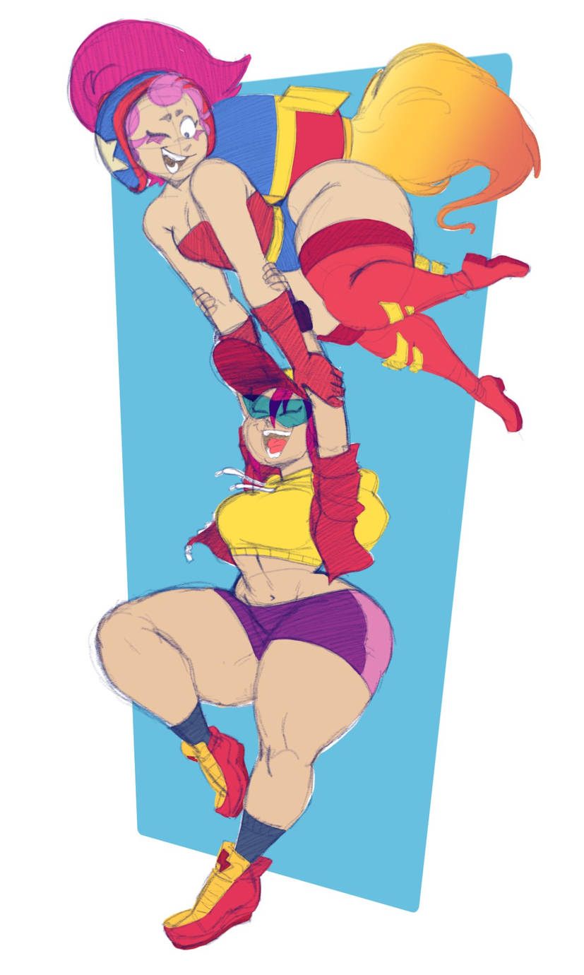 athletic, athletic female, brawl stars, elpiromanias, flying, happy, janet (brawl stars), jetpack, love, max (brawl stars), wide hips, yuri