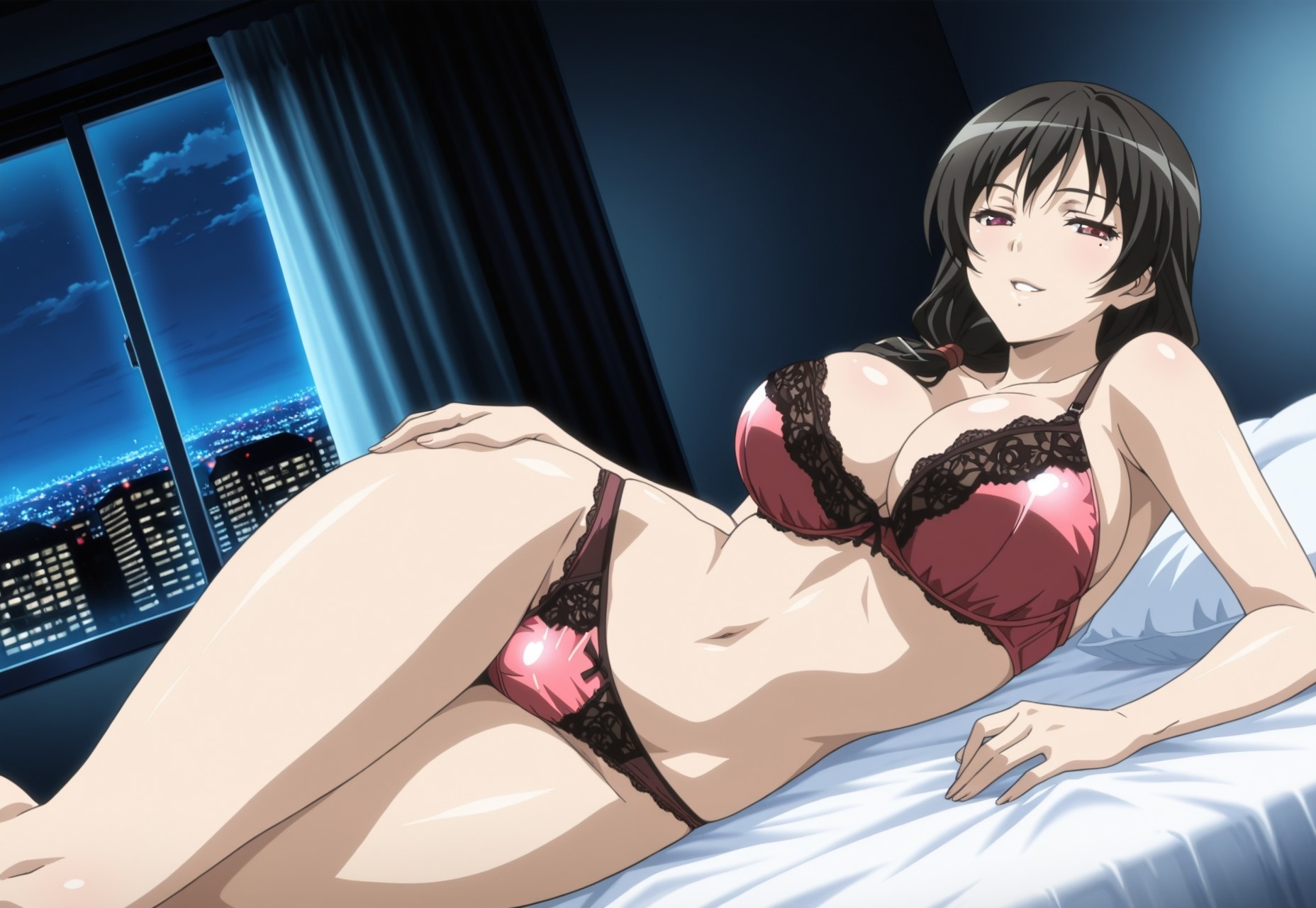 1girls, accurate art style, ai generated, bed, bedroom, black hair, city background, cleavage, curtains, curvaceous, curvy, curvy figure, female, female focus, female only, flirting, flirting look, flirting with viewer, hair over shoulder, hair scrunchie, half-closed eyes, high resolution, indoors, kaori sakaki, lingerie, lingerie bra, lingerie panties, long hair, lying, lying on bed, lying on side, mature, mature female, midriff, milf, mole, mole under eye, narrowed eyes, naughty, naughty face, naughty smile, navel, night, on bed, on side, parted lips, ponytail, ran sem, ran sem hakudaku, red eyes, rin x sen + ran - sem cross mix, seducing, seducing viewer, seduction, seductive, seductive body, seductive eyes, seductive look, seductive mouth, seductive pose, seductive smile, sexy, sexy body, sexy pose, side ponytail, smile, solo, tied hair, voluptuous, wide hips, window, yellow hair, young adult, young adult female
