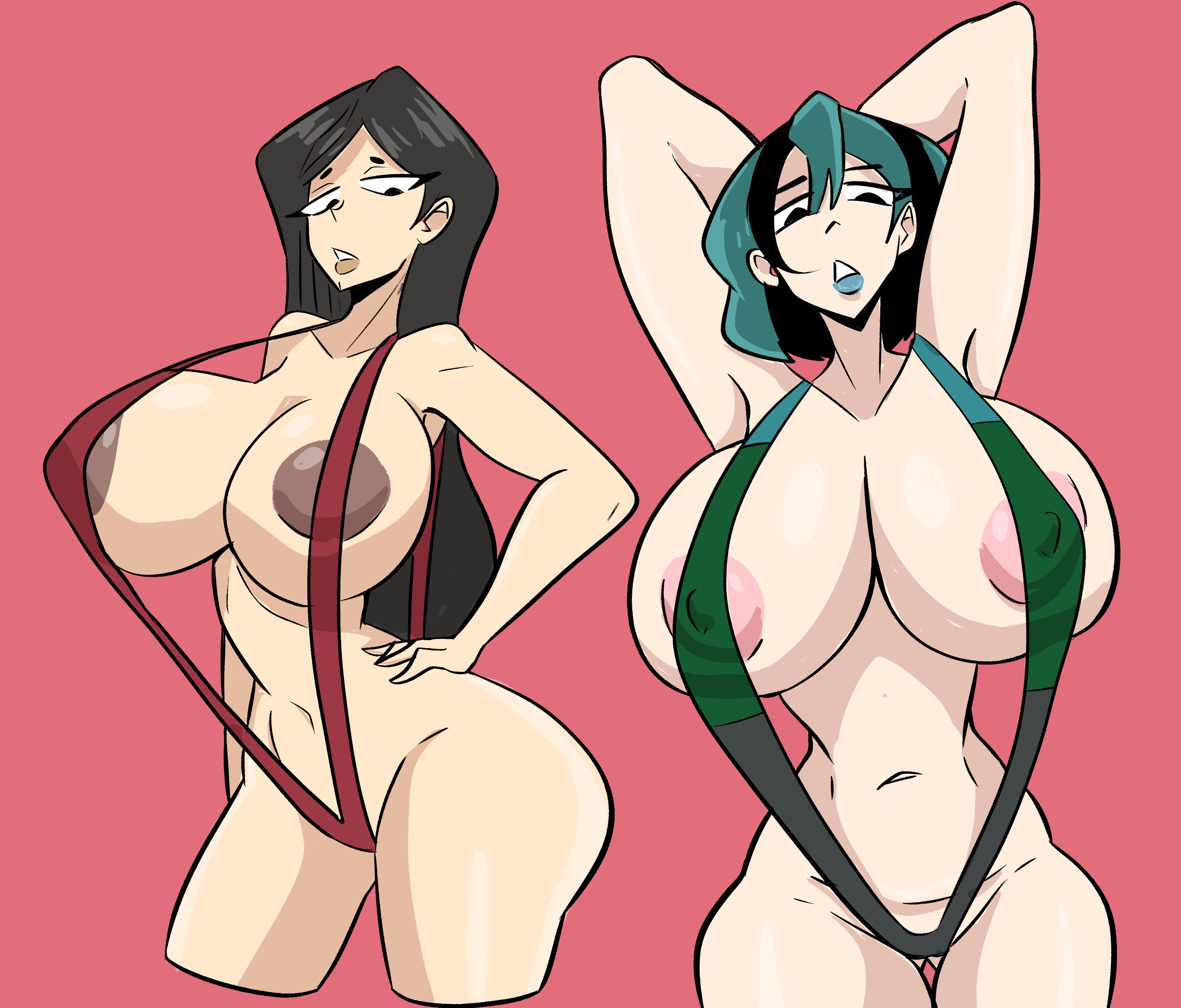 2d, 2girls, breasts, cartoon network, etherflame, female, gwen (tdi), heather (tdi), large breasts, massive breasts, sling bikini, tagme, total drama island