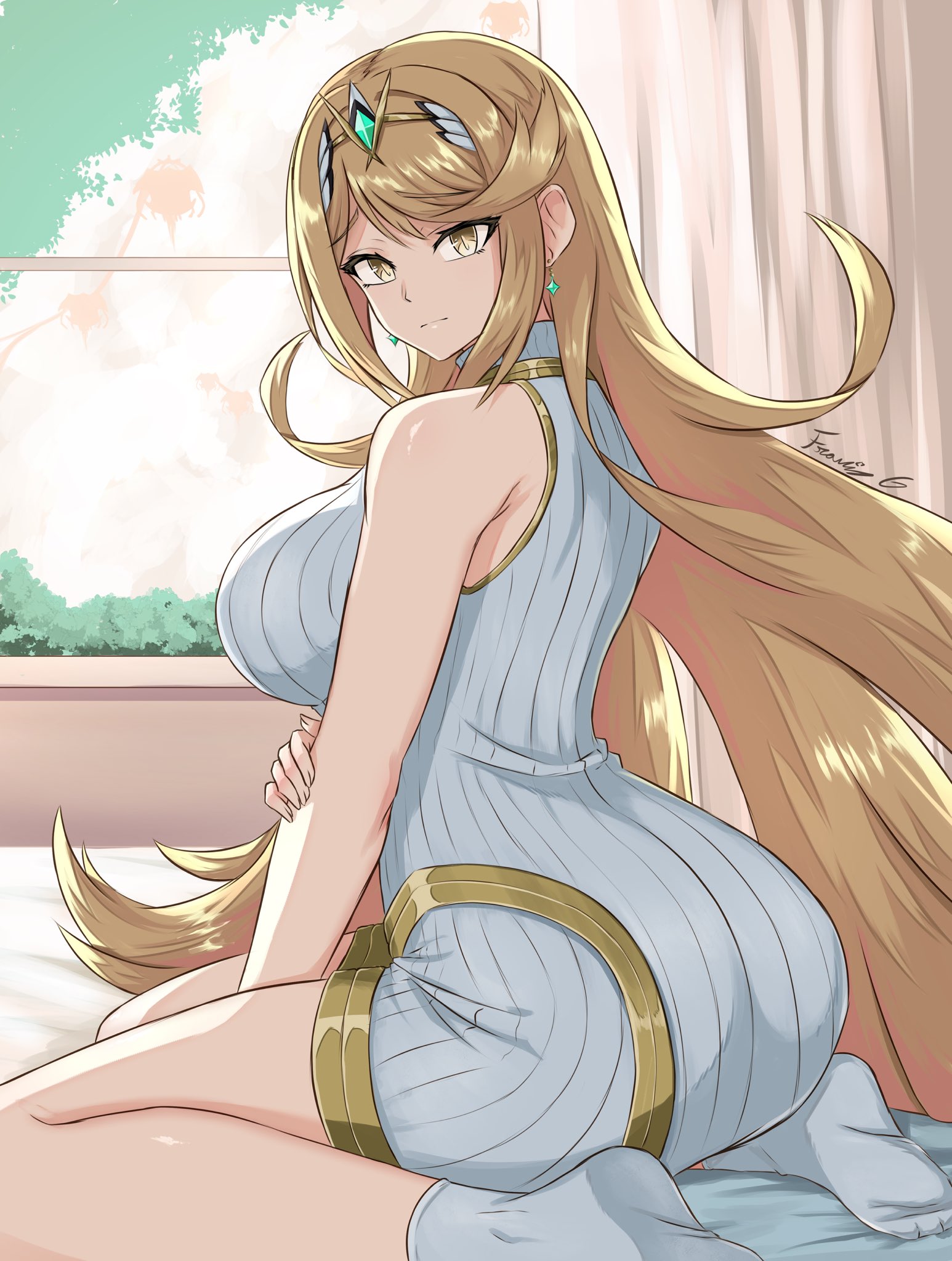 1girls, artist name, ass, big breasts, blonde hair, breasts, commentary, earrings, english commentary, female, female only, fgsketch, hand on own arm, highres, jewelry, large breasts, long hair, looking at viewer, looking back, mythra, sitting, socks, solo, solo female, very long hair, xenoblade (series), xenoblade chronicles 2, yellow eyes