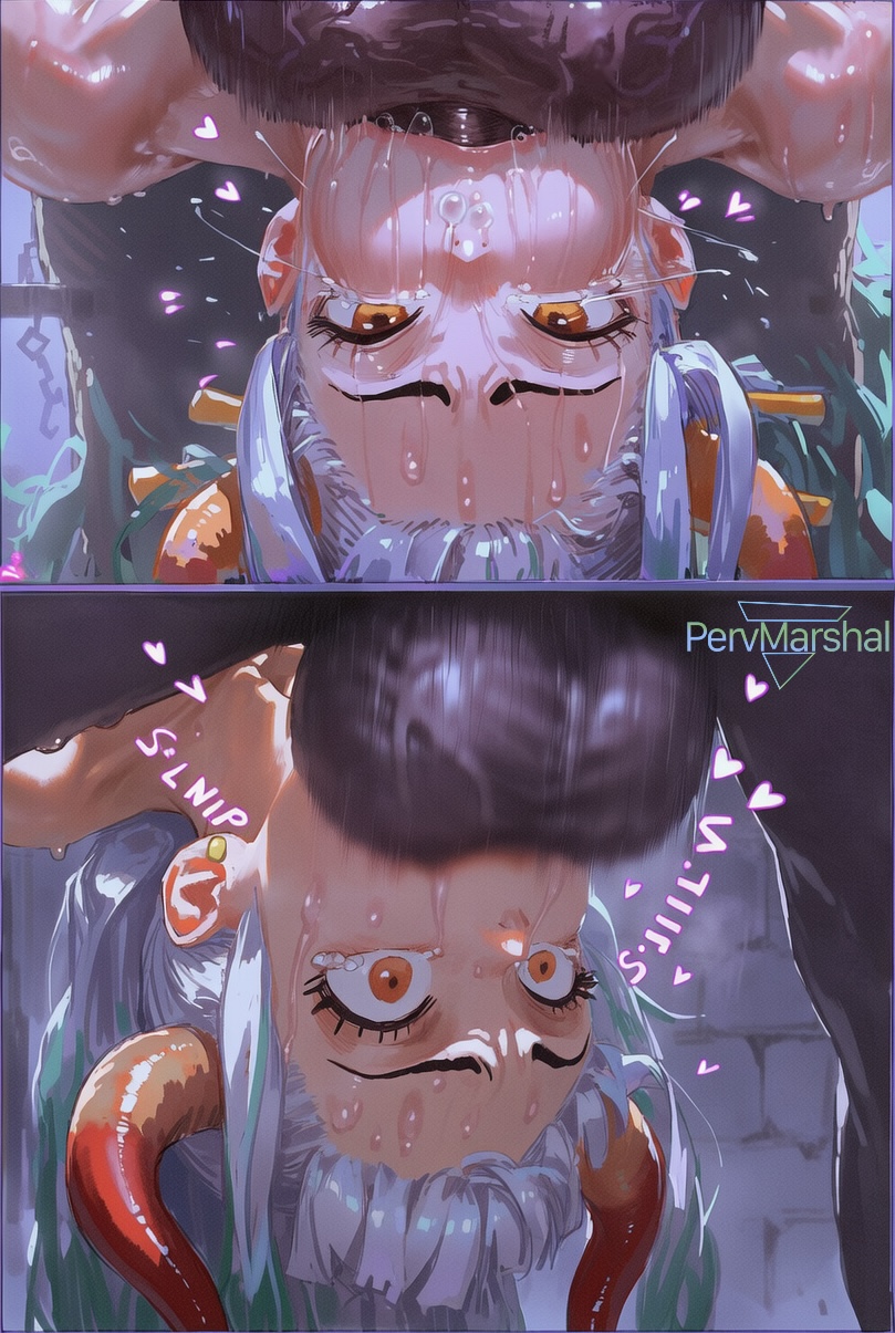 1boy, 1girls, 2koma, ai generated, anthro, blowjob, completely nude female, deepthroat, dungeon, female, horn, horns, huge breasts, irrumatio, male, marshalperv, minotaur, monster, motion lines, multicolored hair, muscular female, one piece, pervmarshal, raped by monster, saliva, shiny skin, sound effects, sword swallowing position, tears, testicles, upside-down, yamato (one piece)