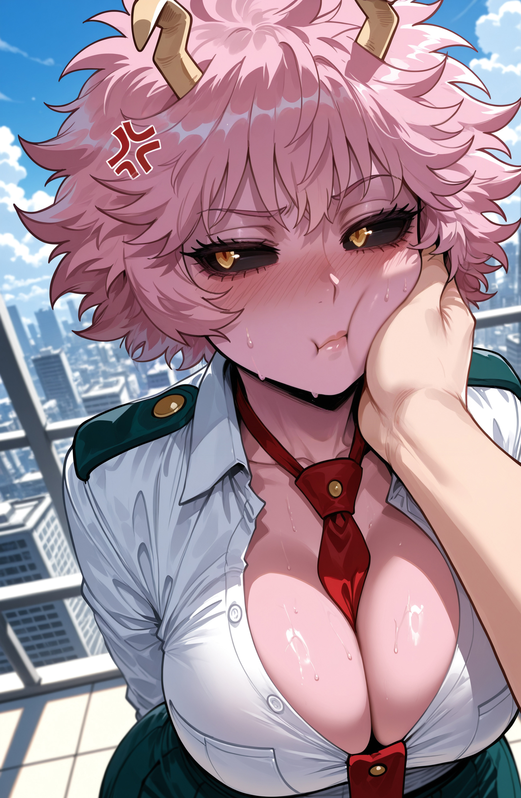 ai generated, big ass, big breasts, boku no hero academia, curvy, cute, cute expression, cute face, horn, huge ass, huge breasts, mina ashido, miyuai, my hero academia, pink body, pink hair, pink skin, school uniform, sexy, skirt, thick ass, thick legs, thick thighs, yellow eyes