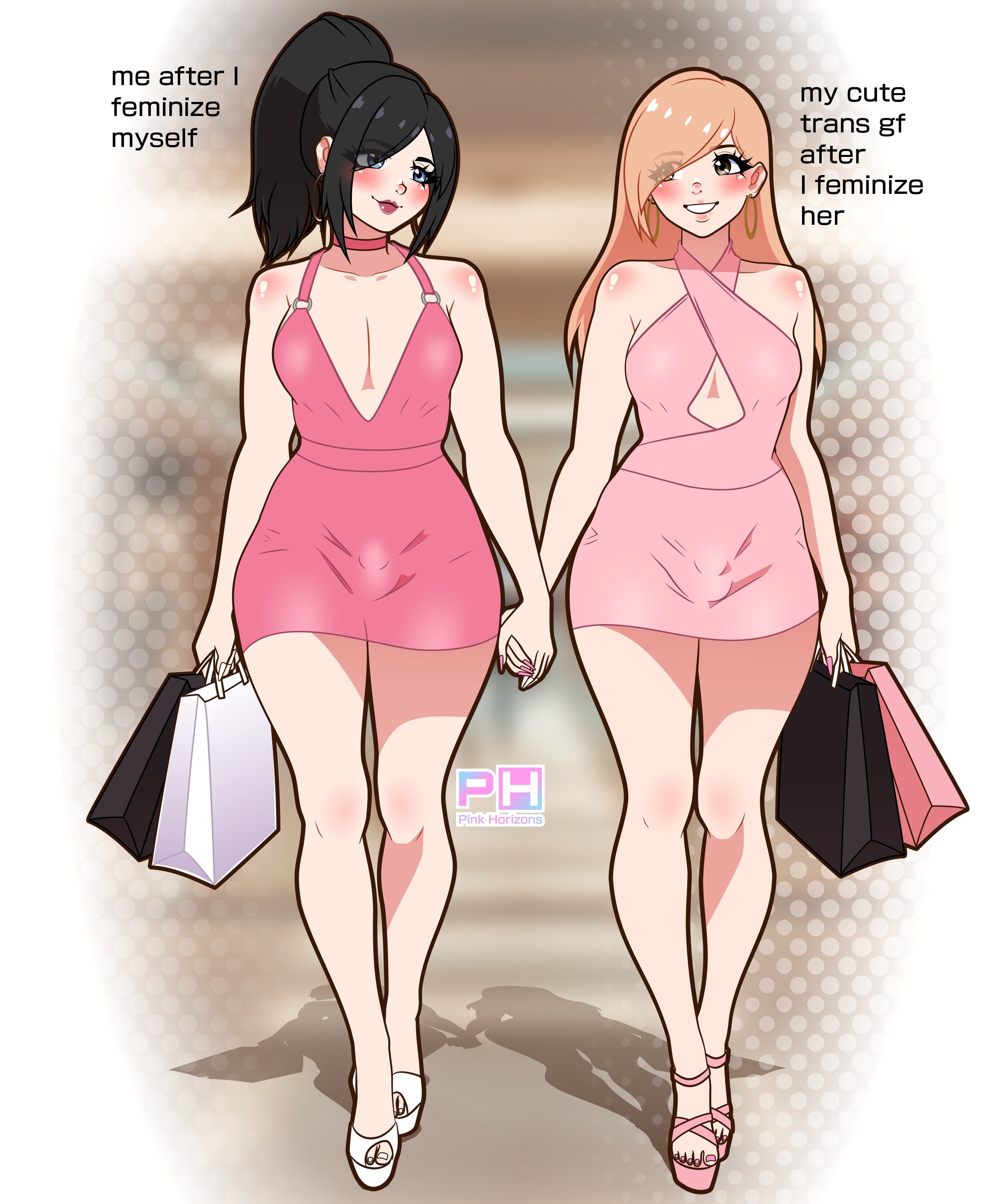 2boys, 2femboys, bulge, bulge through clothing, bulge under clothes, dress, english text, femboy, femboys, feminine male, feminization, high heels, nail polish, painted fingernails, painted nails, painted toenails, pink horizons, platform heels, shopping bag, sissification, sissy, sissyfication, speech bubble, text, trans woman, transgender, wholesome