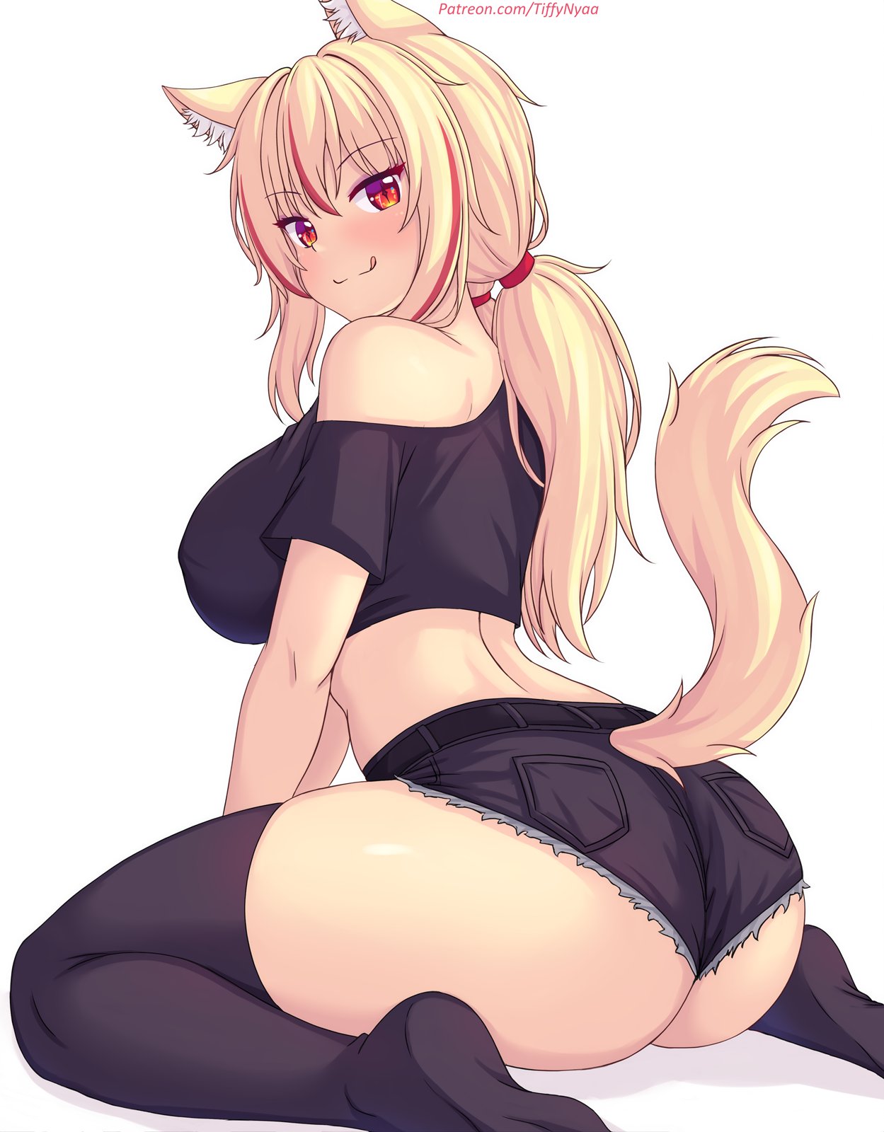 ass, ass focus, bare shoulders, blonde hair, blush, breasts, cat ears, denim shorts, from behind, huge ass, large breasts, long hair, naughty face, no bra, nottytiffy, red eyes, red highlights, short shorts, shorts, sideboob, tail, thick thighs, thighhighs, thighs, tiffy, tiffynyaa, tongue out, twintails, wariza