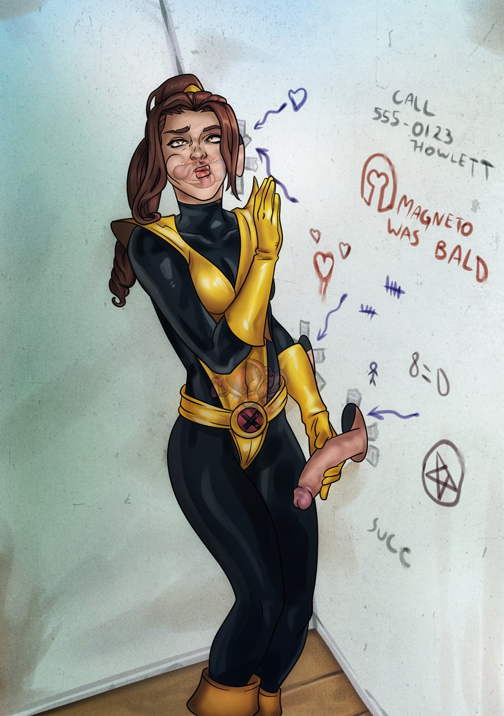 1girls, 2025, 2d, 3boys, ability indecency, bathroom, bathroom stall, bodysuit, boots, brown hair, cervix, cheek bulge, clothed, clothed sex, clothing, elmrtev, erection, eyes rolling back, fallopian tubes, female, full body, fully clothed, glory hole, gloryhole, graffiti, holding penis, internal, internal view, jewish, jewish female, kitty pryde, light skin, light-skinned female, male, marvel, marvel comics, multiple males, mutant (marvel), oral, oral sex, ovaries, penis, phase powers, phasing, ponytail, shadowcat, superhero costume, superheroine, superpowered sex, superpowers, tally marks, tongue, unusual penetration, uterus, uterus penetration, uvula, womb, x-men, x-ray