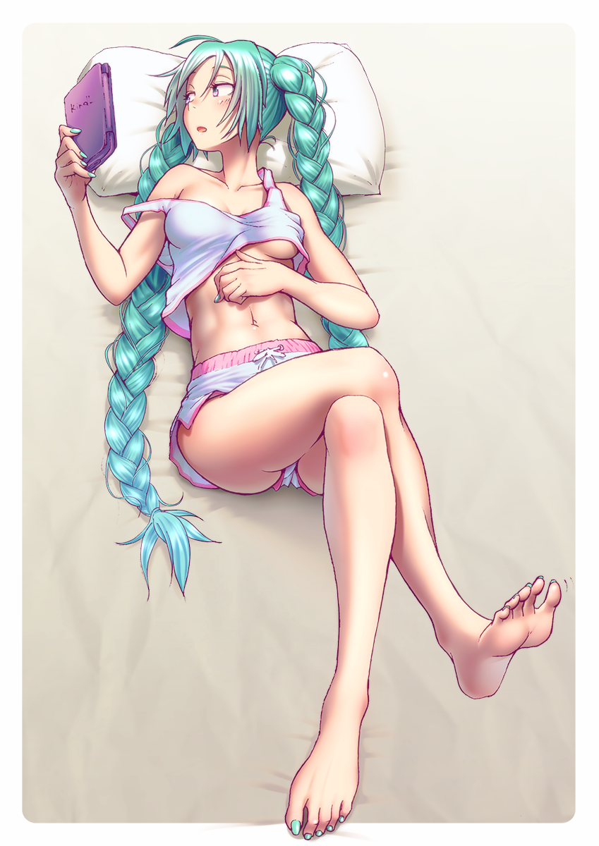 1girls alternate_breast_size alternate_hairstyle aqua_eyes aqua_hair barefoot blue_toenails braid breasts feet female female_only hatsune_miku highres legs_crossed long_hair lying medium_breasts navel on_back pillow reading short_shorts shorts sketch soles solo strap_slip tank_top tied_hair toenail_polish toes toned twin_braids twintails underboob upshorts very_long_hair vocaloid wokada