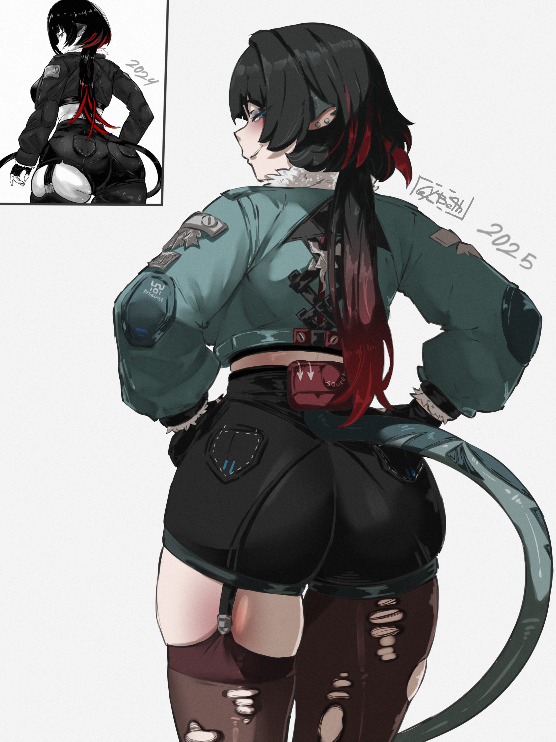 1girls, 2024, 2025, absurdres, animal ears, arrow print, artist name, ass, black gloves, black hair, black shorts, blue eyes, blue jacket, blush, brown thighhighs, commentary, earrings, english commentary, eyelashes, eyeshadow, female, female only, from behind, fur trim, fur-trimmed jacket, fur-trimmed sleeves, garter belt, gloves, gradient hair, grey background, grey eyeshadow, gybeth, half-closed eyes, hands on own hips, highres, huge ass, jacket, jane doe (zenless zone zero), jewelry, lips, long hair, long sleeves, looking at viewer, looking back, low ponytail, makeup, mouse ears, mouse girl, mouse tail, multicolored hair, pocket, ponytail, puffy long sleeves, puffy sleeves, red hair, redrawn, short shorts, shorts, simple background, smile, solo, standing, tail, teeth, thighhighs, thighs, torn clothes, torn thighhighs, two-tone hair, zenless zone zero