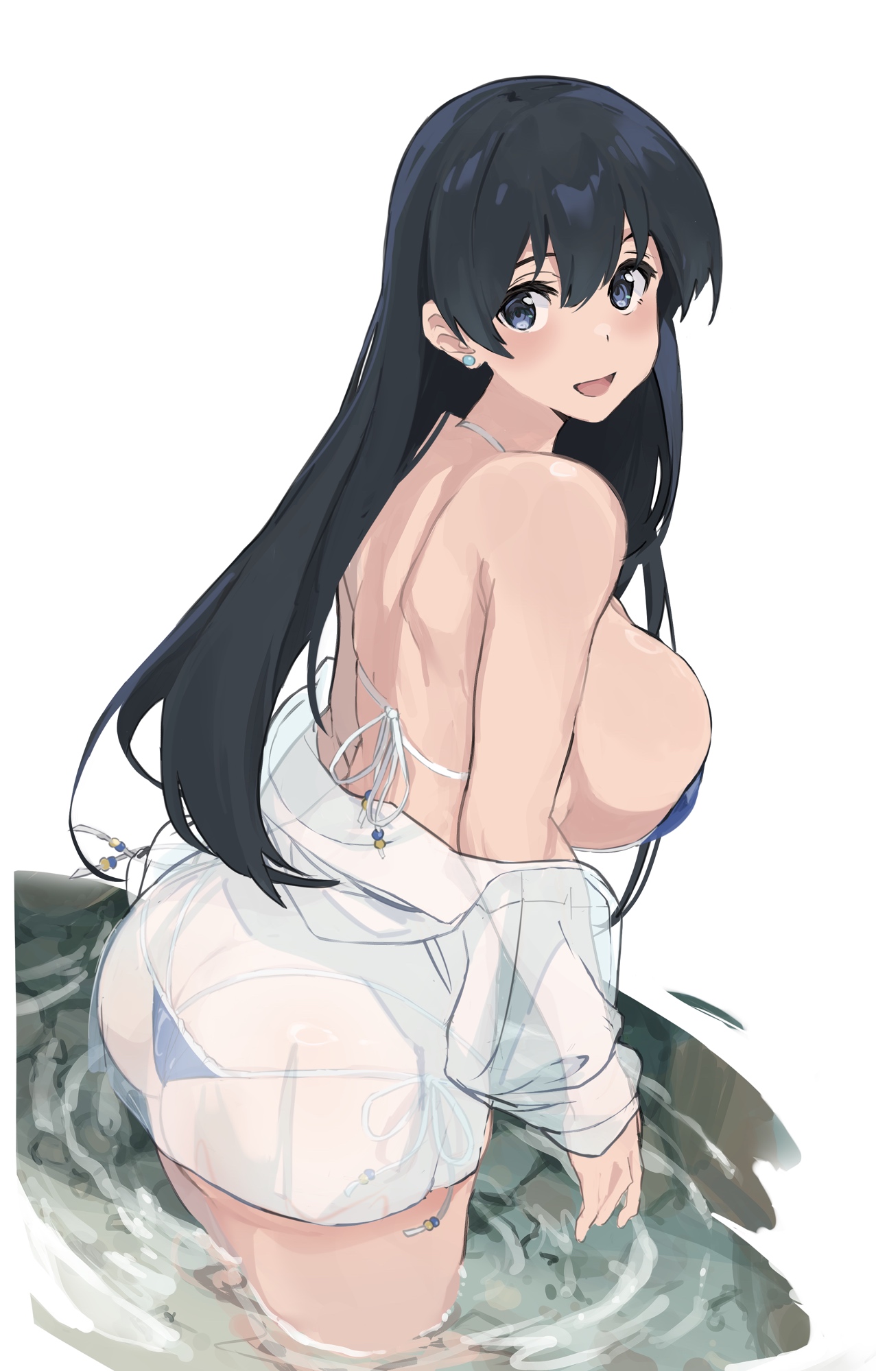 1girls, arato nagi, ass, back, bikini, black hair, blue eyes, boobs and butt pose, breasts, commentary request, ear piercing, female, female only, gya2021, hair between eyes, highres, large breasts, long hair, micro bikini, piercing, ruri no houseki, see-through clothes, simple background, swimsuit, water, white background