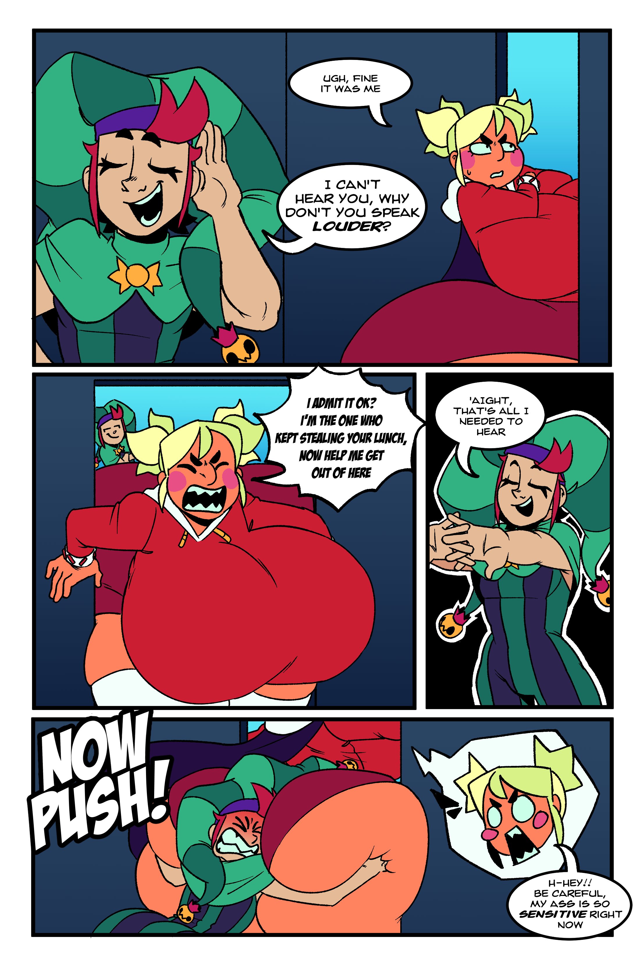 ass, ass focus, big breasts, brawl stars, breasts, chester (brawl stars), elpiromanias, fat ass, mandy (brawl stars), pushing, pushing ass, stuck, stuck in door, stuck in wall