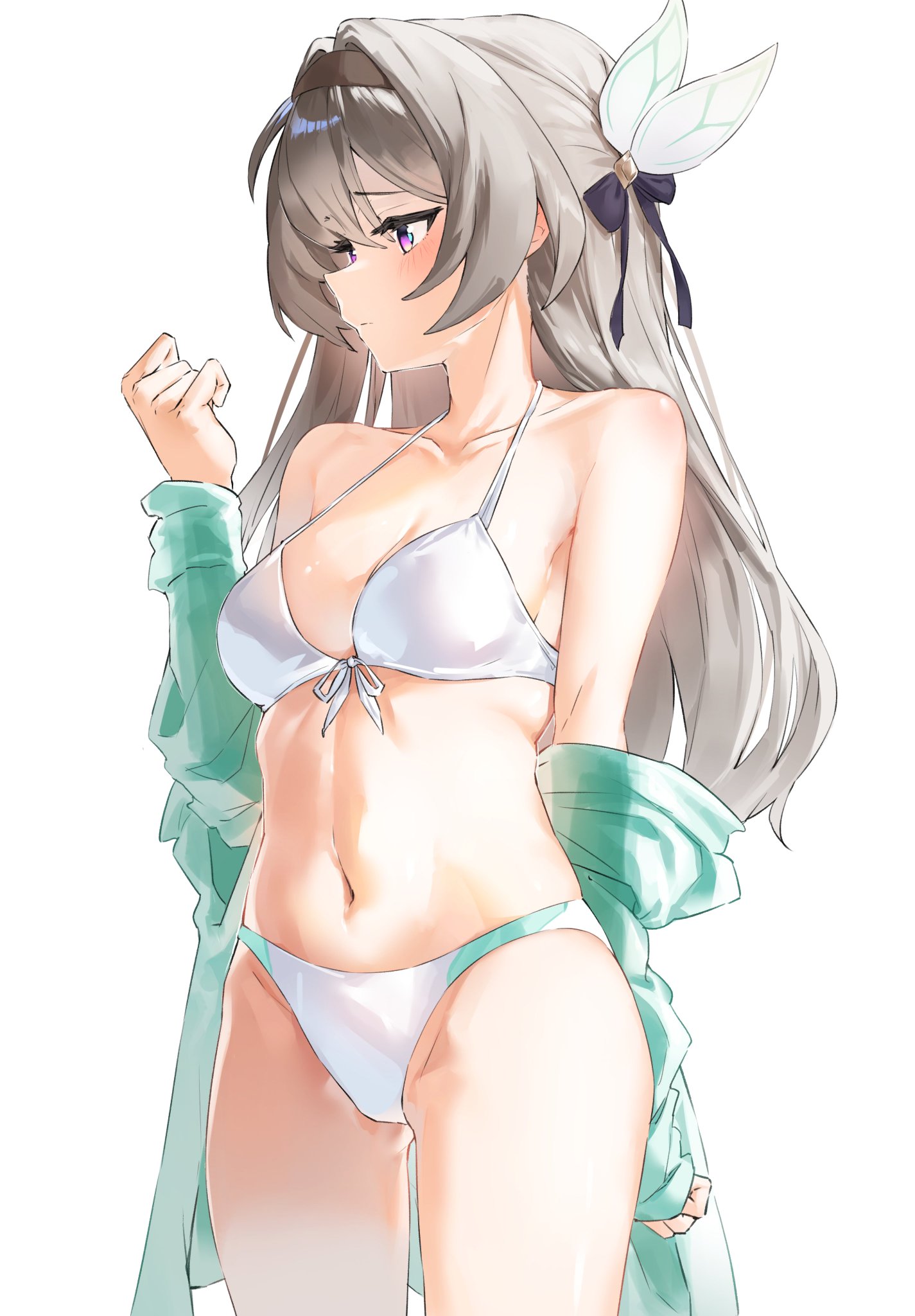 1girls, breasts, exposed breasts, female, female only, firefly (honkai: star rail), honkai (series), honkai: star rail, hoyoverse, lingerie, long hair, mihoyo, multicolored eyes, multicolored hair, white lingerie