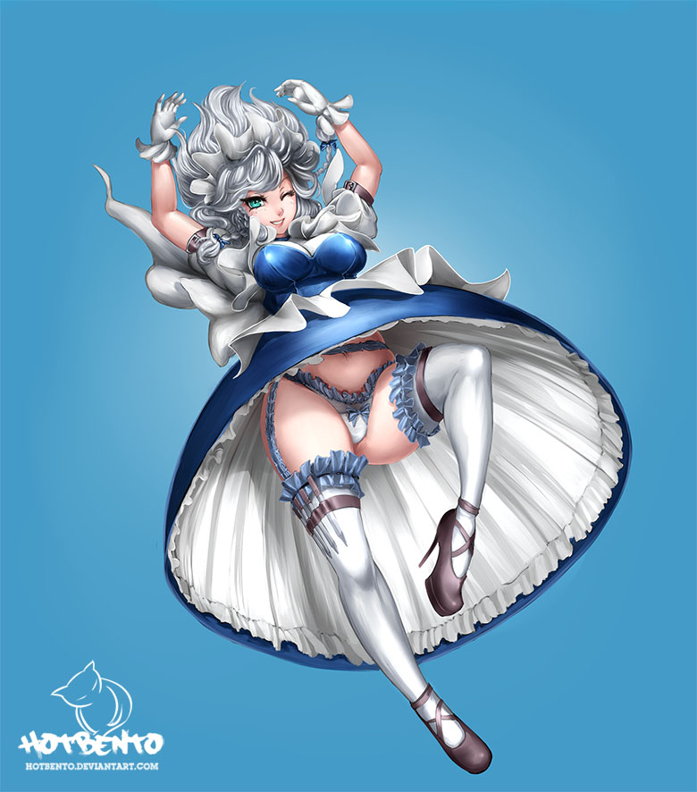 dutch_angle female female_only garter_belt hotbento panties sakuya_izayoi solo stockings touhou upskirt winking