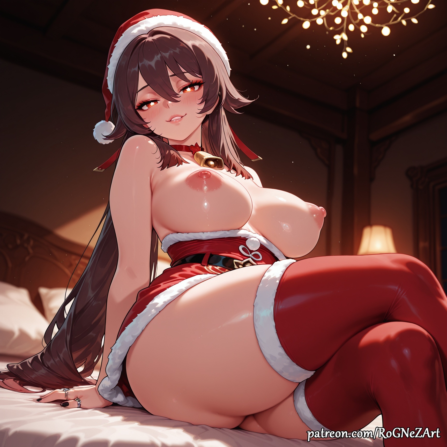 2025, ai generated, anime, ass, bangs, bare shoulders, bed, bell, belt, black nails, blush, breasts, breasts out, brown hair, buttocks, choker, christmas, cleavage, crossed legs, crossover, dress, exposed nipples, eye contact, female, female focus, female only, flushed, fur trim, fur-trimmed dress, genshin impact, grin, hair between eyes, hat, highres, hoyoverse, hu tao (genshin impact), huge breasts, indoors, inside, jewelry, lamp, large breasts, long hair, looking at viewer, mihoyo, nail polish, neck bell, nipples, nsfw, on bed, parted lips, patreon, pillow, red choker, red dress, red eyes, red headwear, red thighhighs, ring, rognezart, santa costume, santa hat, sitting, smile, smiling, solo, symbol-shaped pupils, thick thighs, thighhighs, thighs, twintails, very long hair