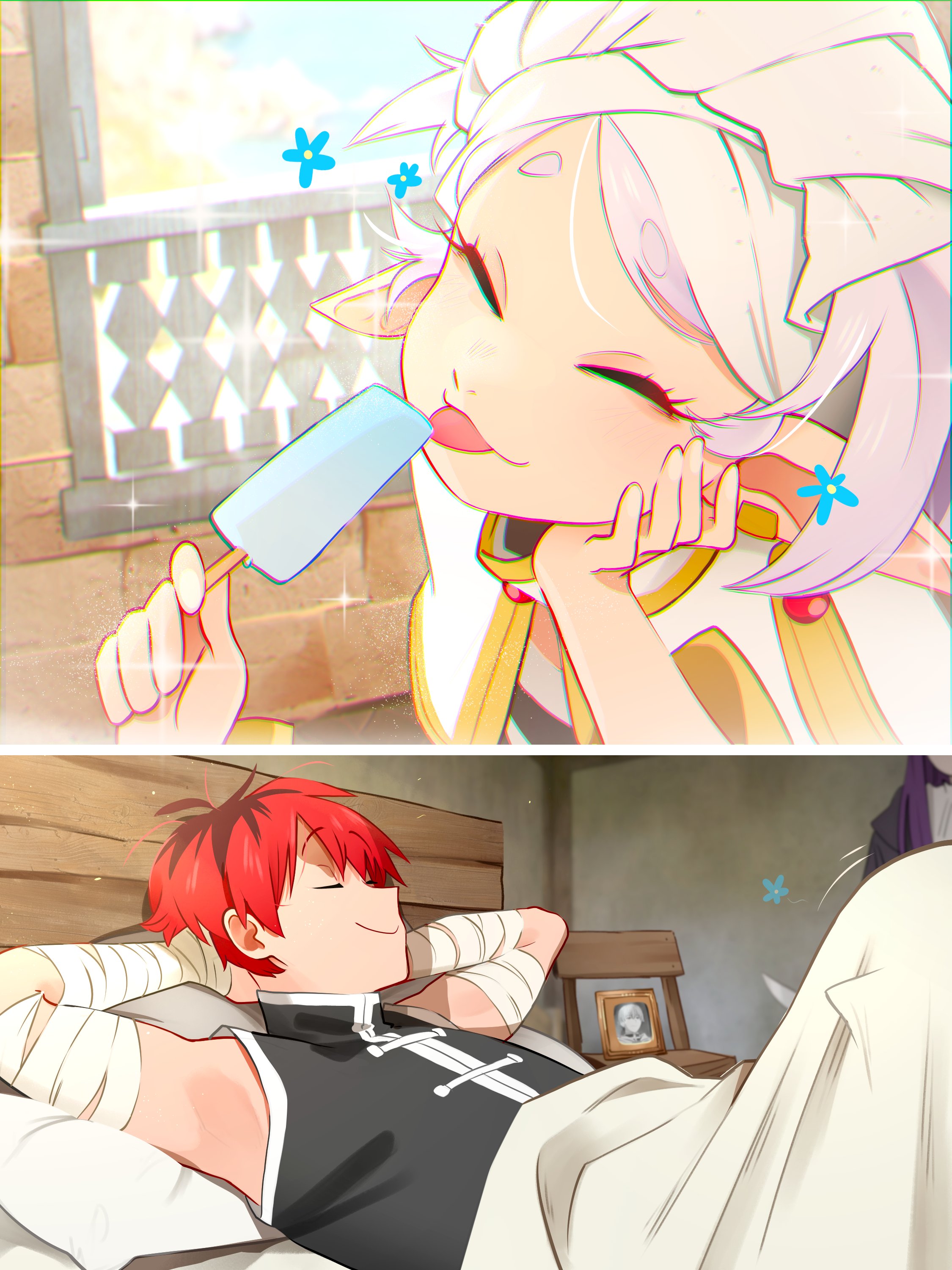 1boy, 2girls, 2koma, accident, bed, bedroom, clothing, dream, dreaming, elf, elf ears, elf female, female, fern (sousou no frieren), frieren, frieren beyond journey's end, himmel (sousou no frieren), implied fellatio, implied oral, khyleri, licking popsicle, male, popsicle, portrait (object), sleeping, sousou no frieren, stark (sousou no frieren), suggestive, unaware, under covers