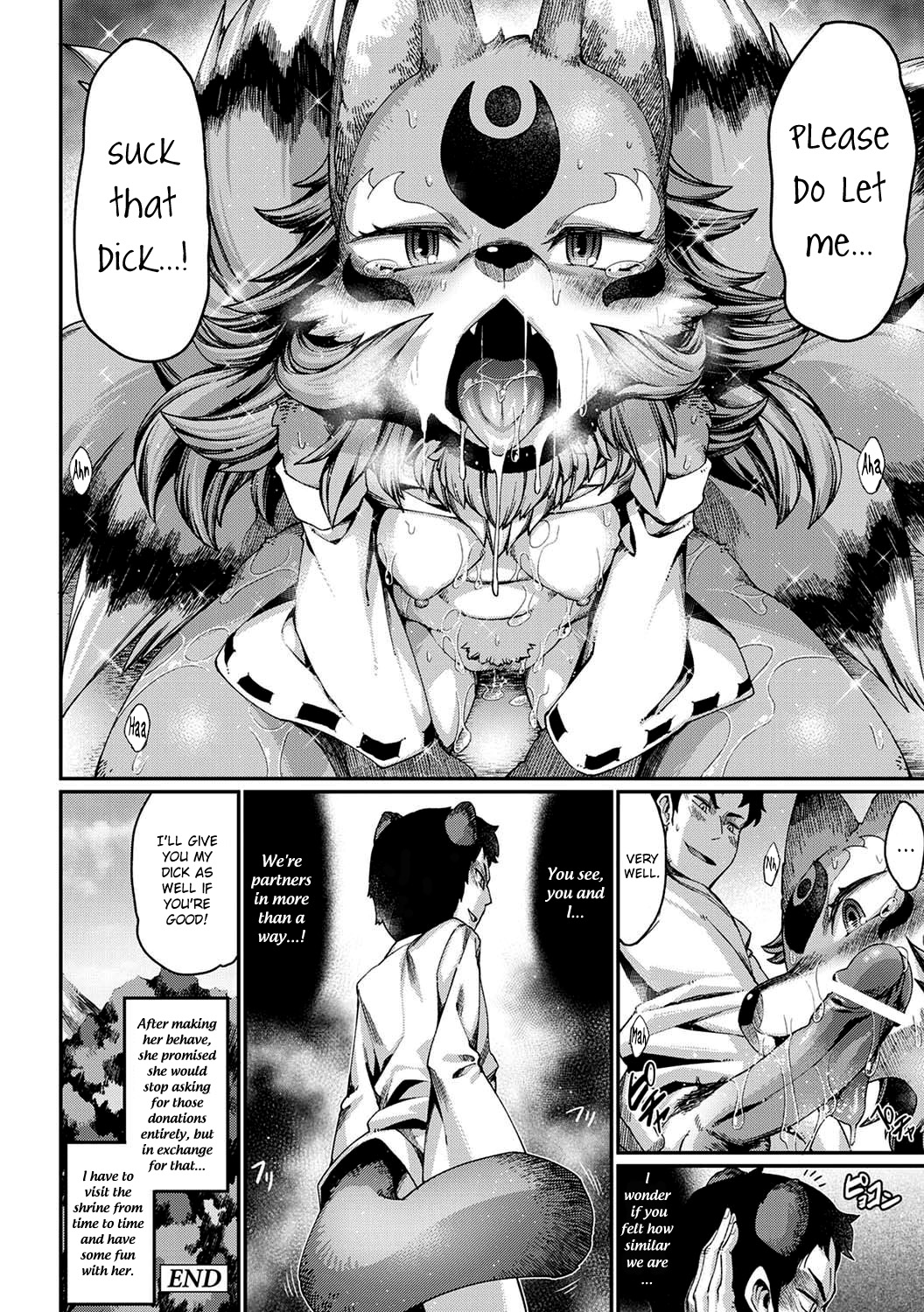 anthro begging breasts canine censored comic dialogue drooling erection fellatio female fox fur hybrid male mammal manga nenemaru oral penis saliva sex small_breasts tanuki