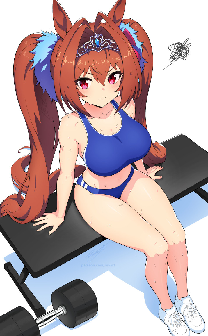 1girls, big breasts, breasts, brown hair, daiwa scarlet (umamusume), dumbbell, female, gym, horse ears, horse girl, horse tail, large breasts, looking at viewer, orange hair, red eyes, revenantart, short hair, sitting, solo, sports bra, toned, track uniform, umamusume, umamusume pretty derby, weights, white background