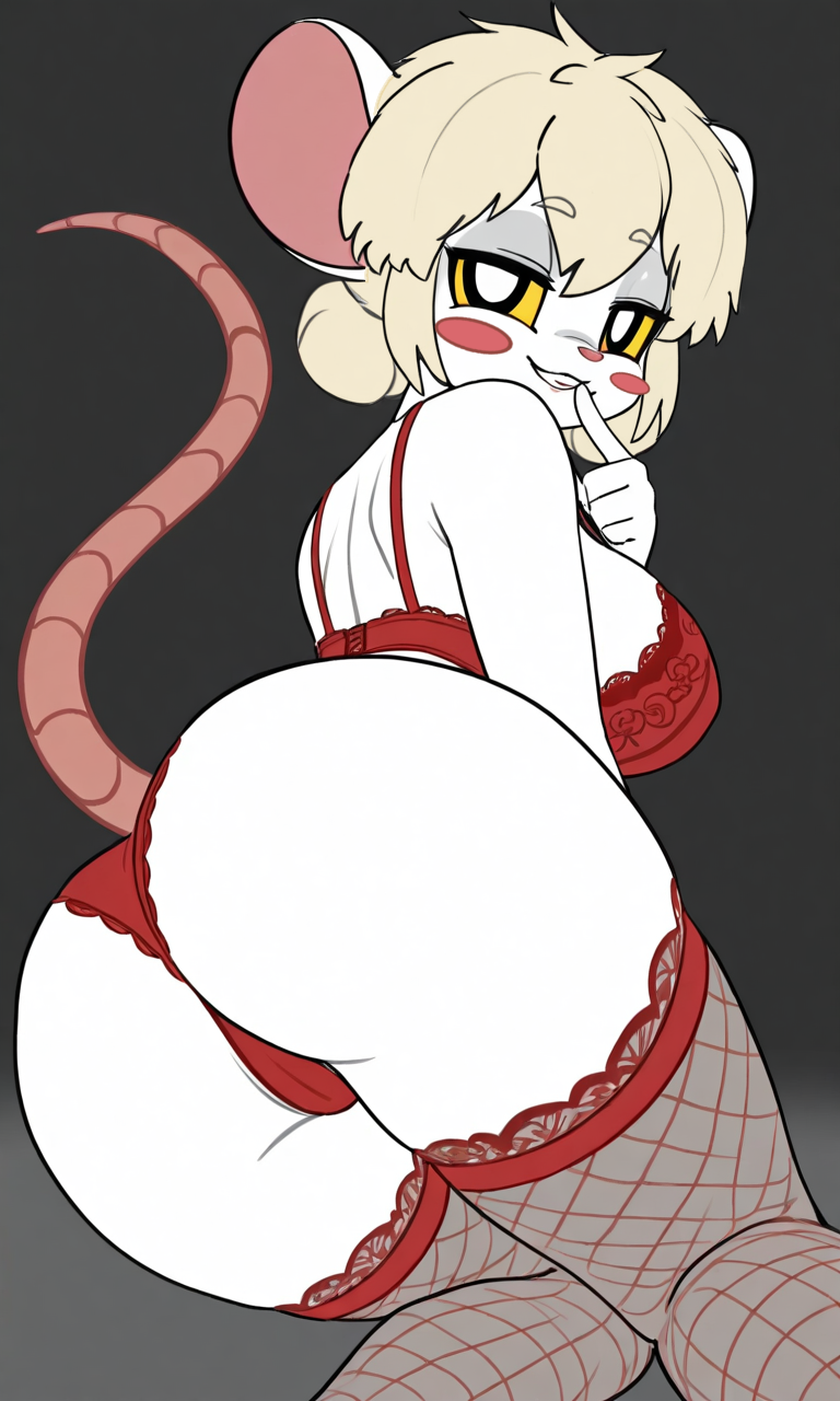 ai art, ai generated, lingerie, lorna (terrible mouse), mouse ears, mouse girl, mouse tail, pixai, presenting ass, smiling at viewer, terrible mouse