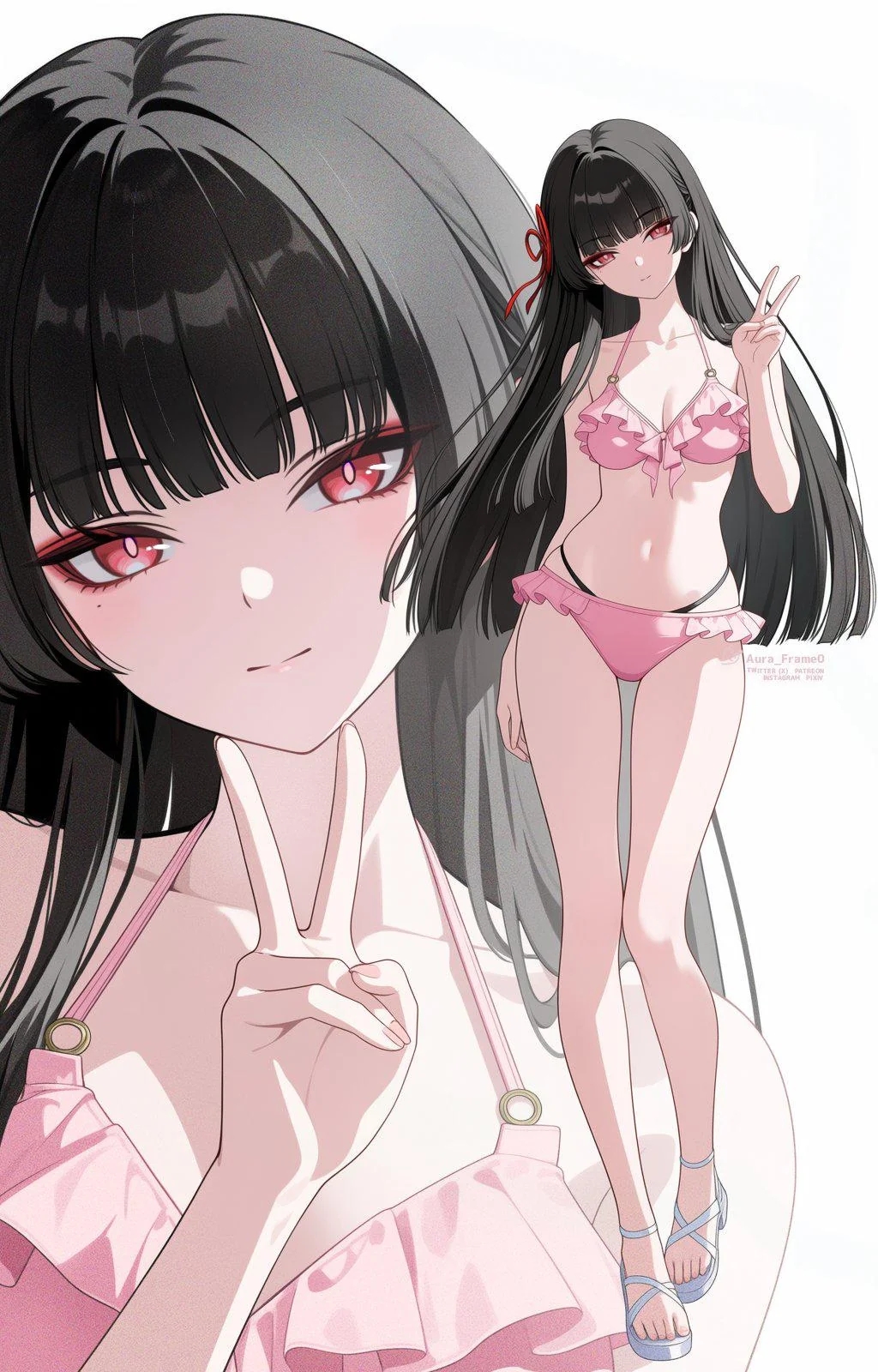 1girl, bikini, black hair, breasts, chisa (wuthering waves), long hair, red eyes, solo, solo female, v, wuthering waves