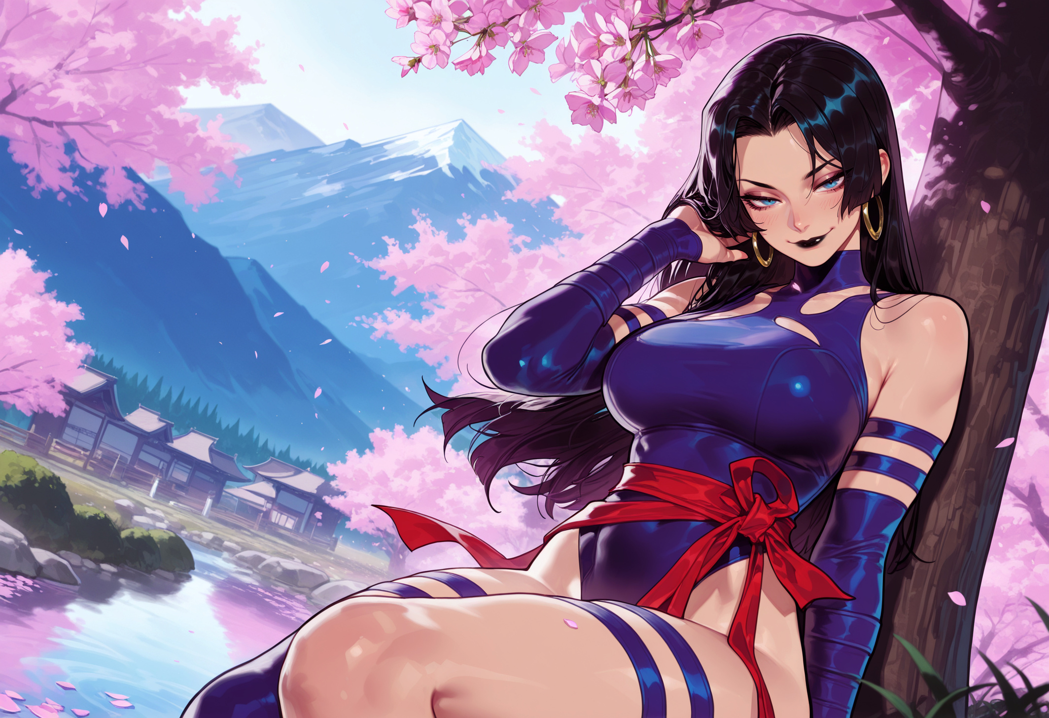 1girls, against tree, ai generated, architecture, balecxi, bare shoulders, black hair, black lips, blue eyes, blue leotard, blue thighhighs, breasts, building, cherry blossom, cherry blossoms, clothing, curvaceous, curvaceous female, curvaceous figure, curvy, curvy figure, day, detached sleeves, earrings, female, female focus, female only, forehead, hand in own hair, highleg, highleg leotard, hoop earrings, inviting, inviting to sex, jewelry, lake, large breasts, leotard, lipstick, long hair, looking at viewer, makeup, marvel, marvel comics, marvel rivals, mountain, one piece, outdoors, parted bangs, petals, presenting, presenting ass, presenting breasts, presenting hindquarters, presenting pussy, presenting self, psylocke, psylocke (sai) (vengeance), purple thighhighs, red sash, sash, seductive, seductive look, seductive smile, single thighhigh, sitting, sky, smile, solo, thick thighs, thigh strap, thighhighs, thighs, tree, voluptuous, voluptuous female, water