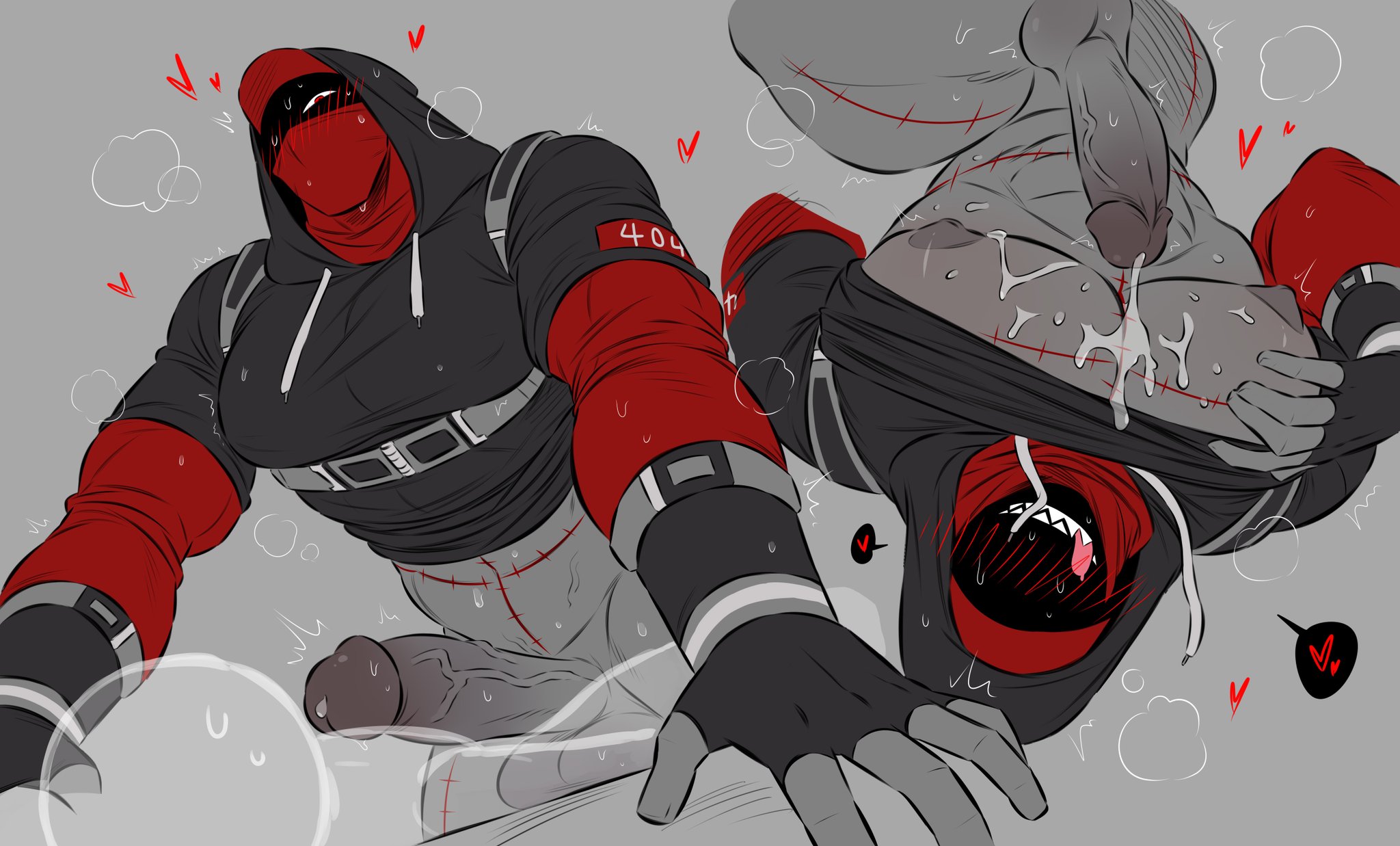 bandana, bandana over mouth, bara, bara tiddies, bara tits, black hoodie, blush, blush lines, bottomless, bottomless male, cap, cum, cum on hoodie, cumming, cumming on breasts, cumming on self, fingerless gloves, gay, gay male, hearts around body, hood up, hooded, hooded male, hoodie, hoodie lift, hoodie only, masked, masked male, masked men, monster, monster boy, monsterxmediator, muscular, muscular male, nauseaxe 404, red bandana, red cap, sharp teeth, sweat, sweating, sweaty, sweaty body, veiny, veiny cock, veiny penis, wdp66281167, yaoi