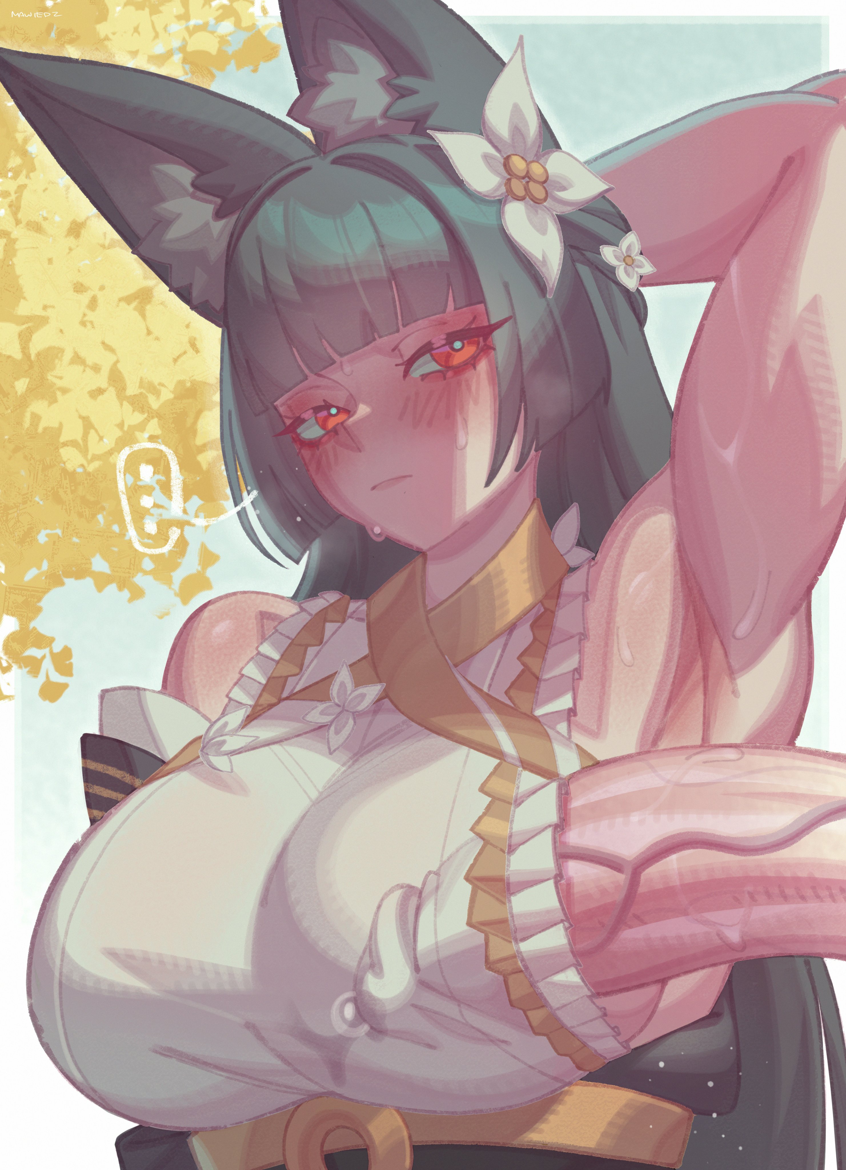 1boy, 1girl, absurdres, alternate breast size (larger), animal ears, black hair, breasts, fox ears, highres, hoshimi miyabi, hoshimi miyabi (dignified blossom), large breasts, large penis, long hair, mawiedz, penis, veins, veiny penis, zenless zone zero