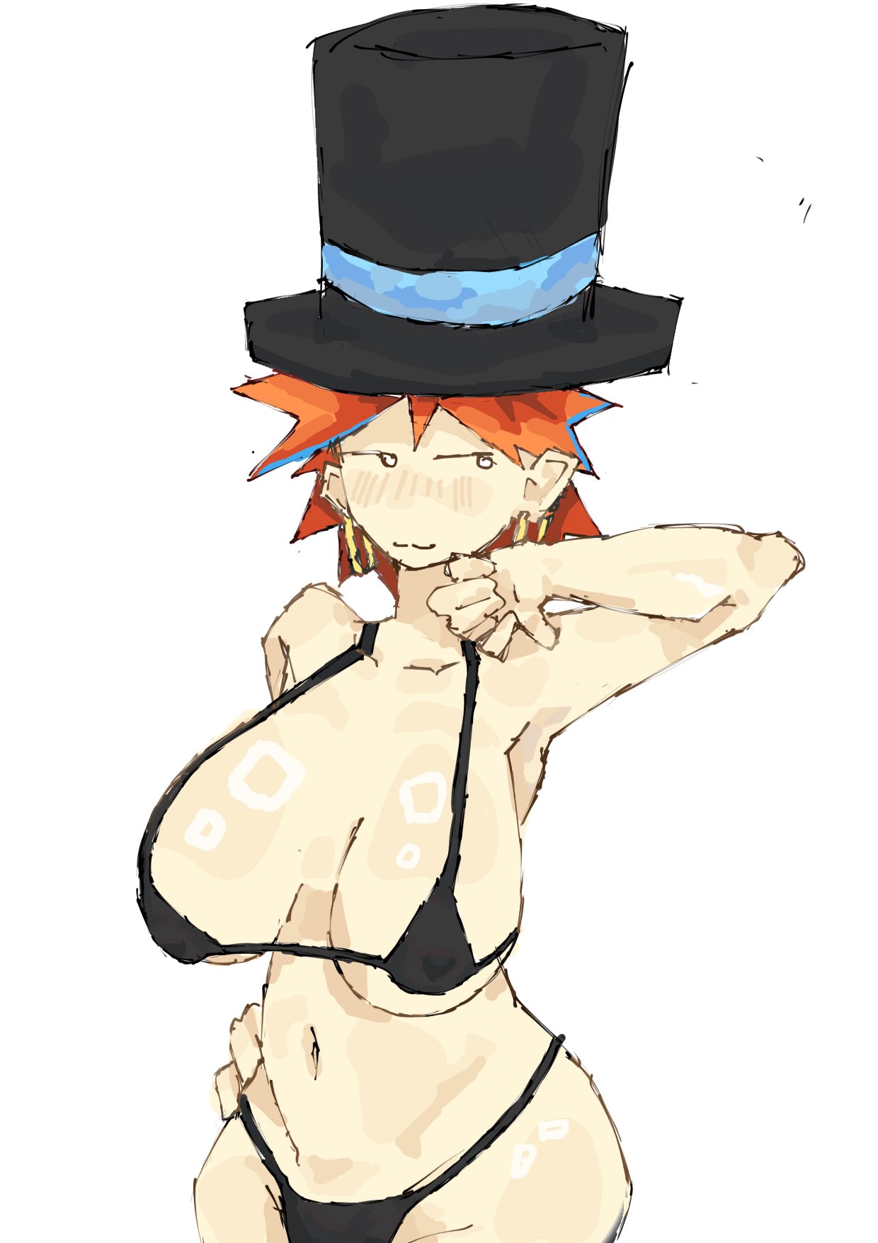 armpits, arms up, big ass, big breasts, ear ring, earrings, female, female focus, female only, jujutsu shenanigans, kin uesa, orange hair, roblox, roblox avatar, roblox game, robloxian, top heavy, tophat, tze (roblox)
