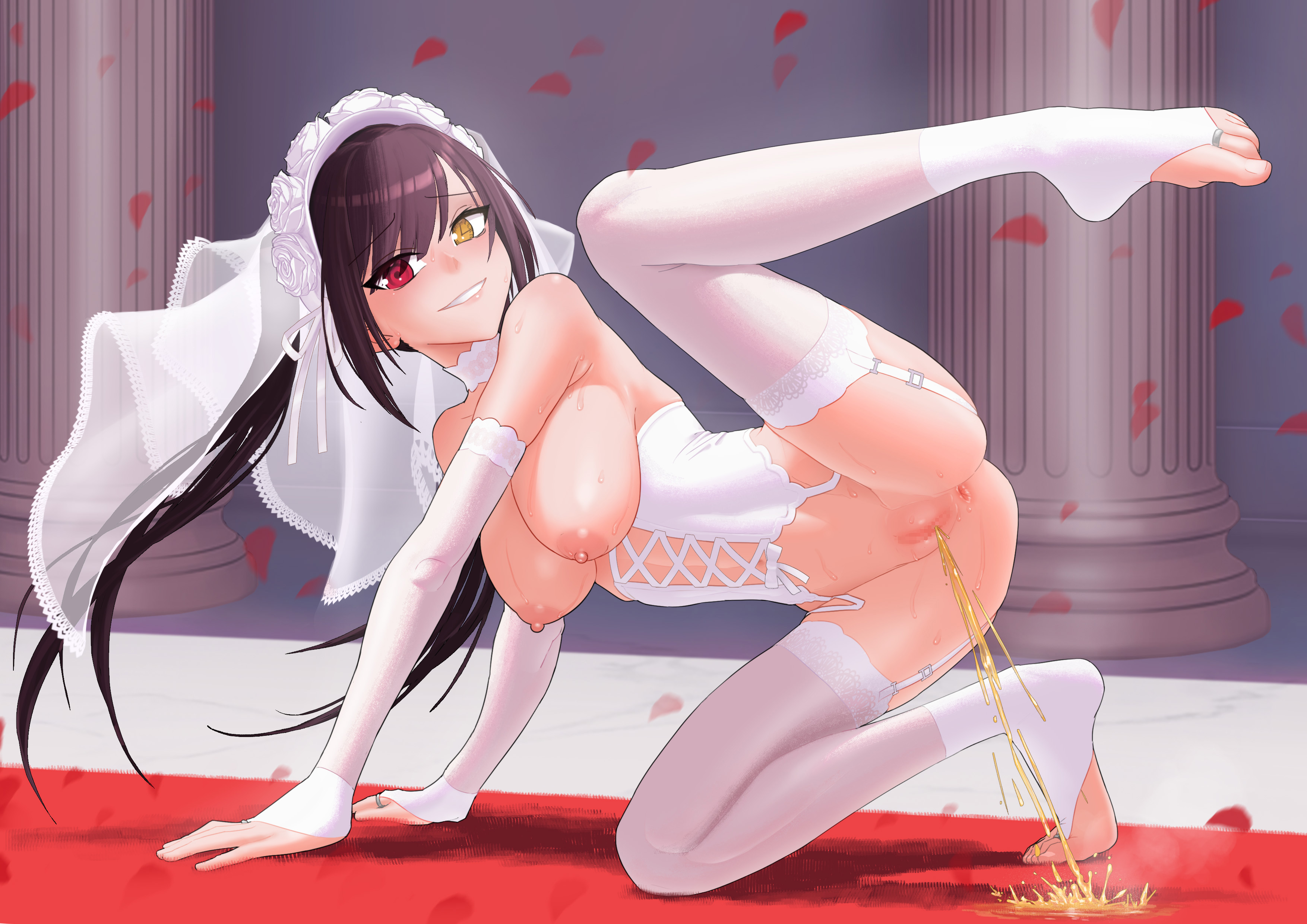 1girl, anus, areola, black hair, blush, breasts, bridal veil, date a live, female, garter straps, gloves, heterochromia, k-k, kneeling, large breasts, long hair, looking at viewer, nipples, peeing, raised leg, red eyes, smile, solo, spread legs, stirrup legwear, sweat, thighhighs, tokisaki kurumi, urine, wedding dress, white thighhighs, yellow eyes