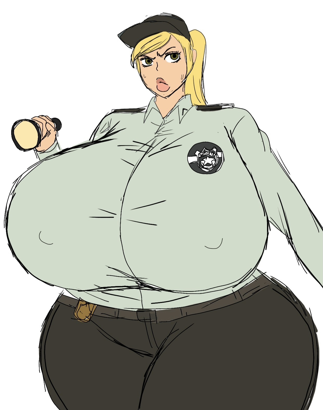 1girl, 1girls, 2d, 2d (artwork), alternate body type, alternate breast size, alternate thigh size, blonde hair, blonde hair female, breasts bigger than torso, digital drawing (artwork), digital media (artwork), female, female only, five nights at freddy's, five nights at freddy's: security breach, flashlight, huge breasts, human, human female, human only, kissable lips, light skin, light skinned female, lips, momiji (artist), nipple bulge, obese, security guard, security guard female, solo, solo female, solo focus, sweat, sweatdrop, vanessa (fnaf), voluptuous, white background