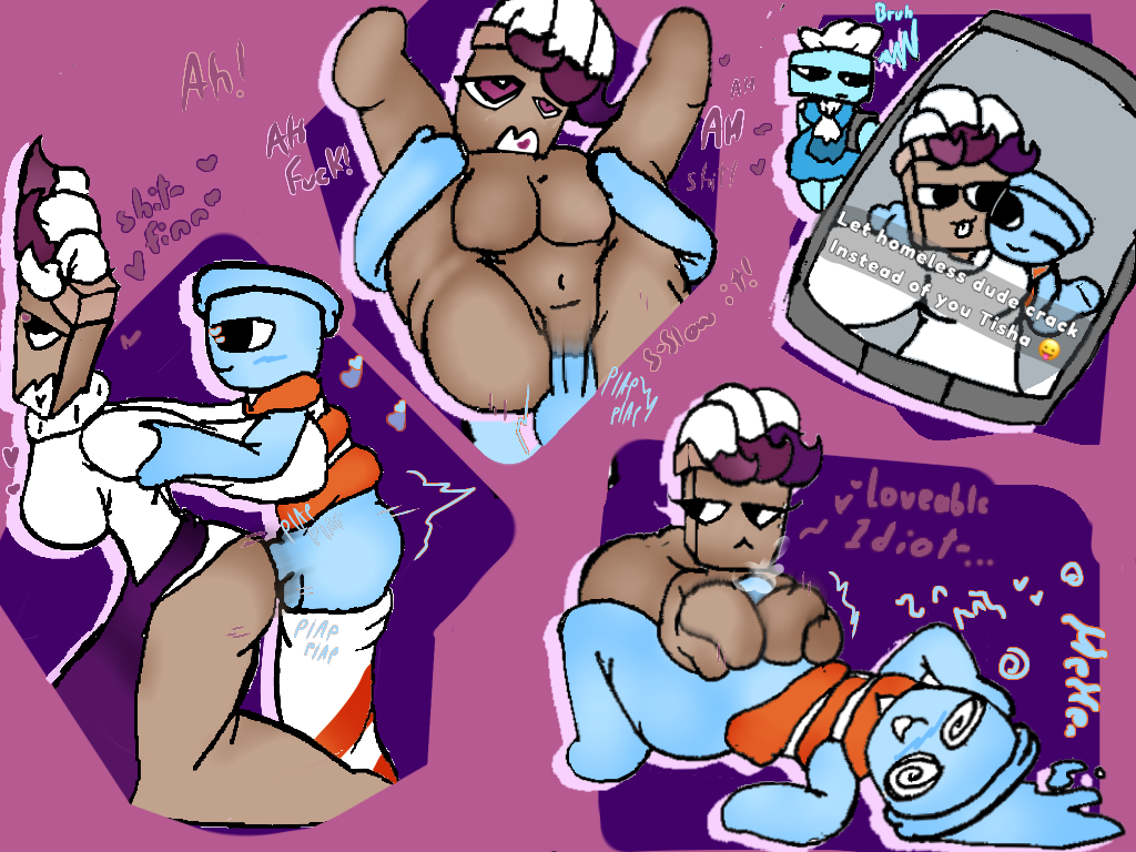 , brusha (dandy's world), dandy's world, dandys world, dark skin, dark-skinned female, emo, emotionless female, finn (dandy's world), fishbowl, messy hair, paintbrush, roblox, roblox game, selfie, selfie pose, sex, short hair, smile, thatsexyrat, tisha (dandy's world)