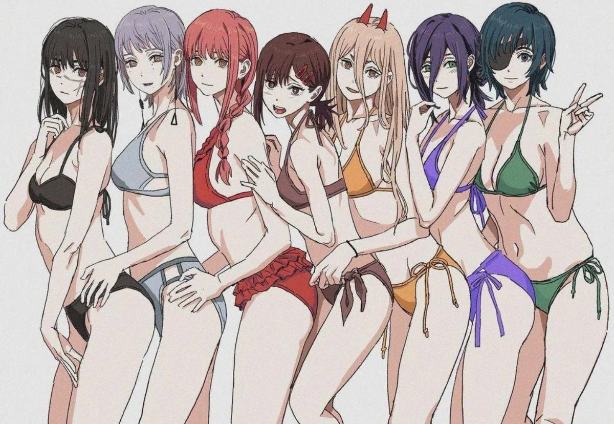 7girls, bikini, chainsaw man, higashiyama kobeni, himeno (chainsaw man), lineup, makima (chainsaw man), no penetration, no visible genitalia, power (chainsaw man), reze (chainsaw man), tagme, tagme (artist), unknown artist