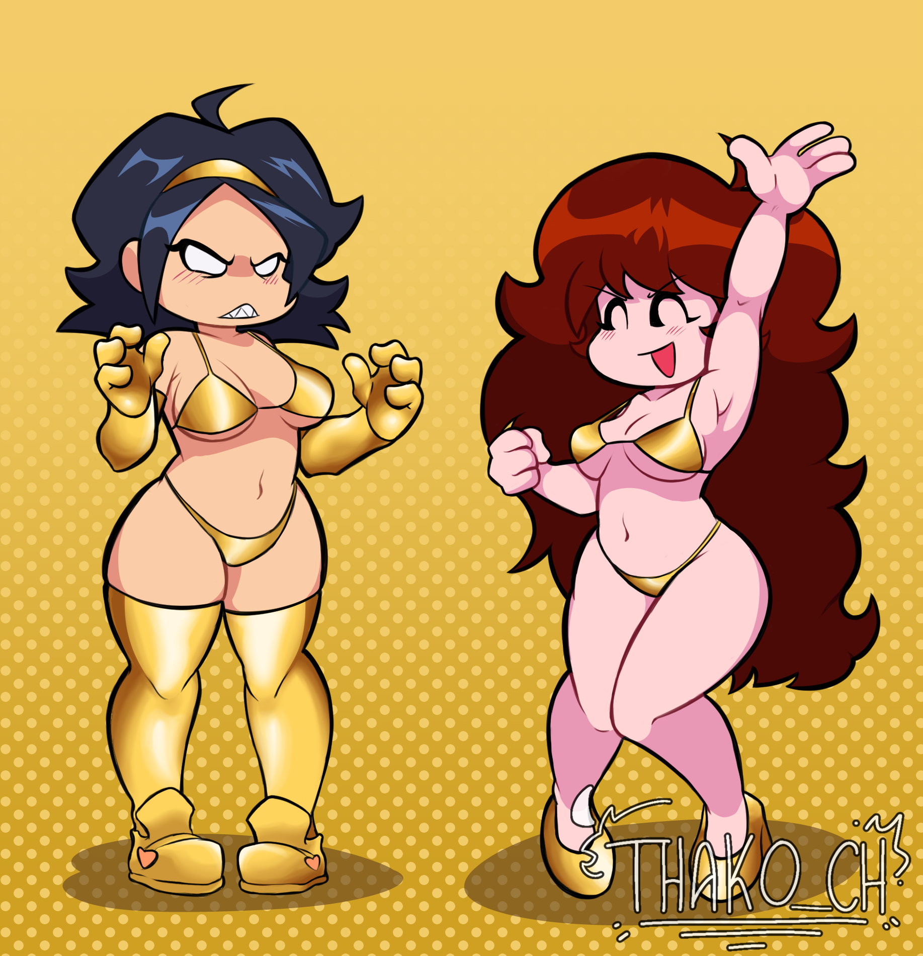 2girls, auburn hair, breasts, clothed, clothing, dark blue hair, friday night funkin, girlfriend (friday night funkin), golden bikini, golden heels, golden thighhighs, golden week, hairband, long gloves, long hair, nene (newgrounds), red hair, self upload, short hair, shortstack, thako ch, thighhighs, white eyes