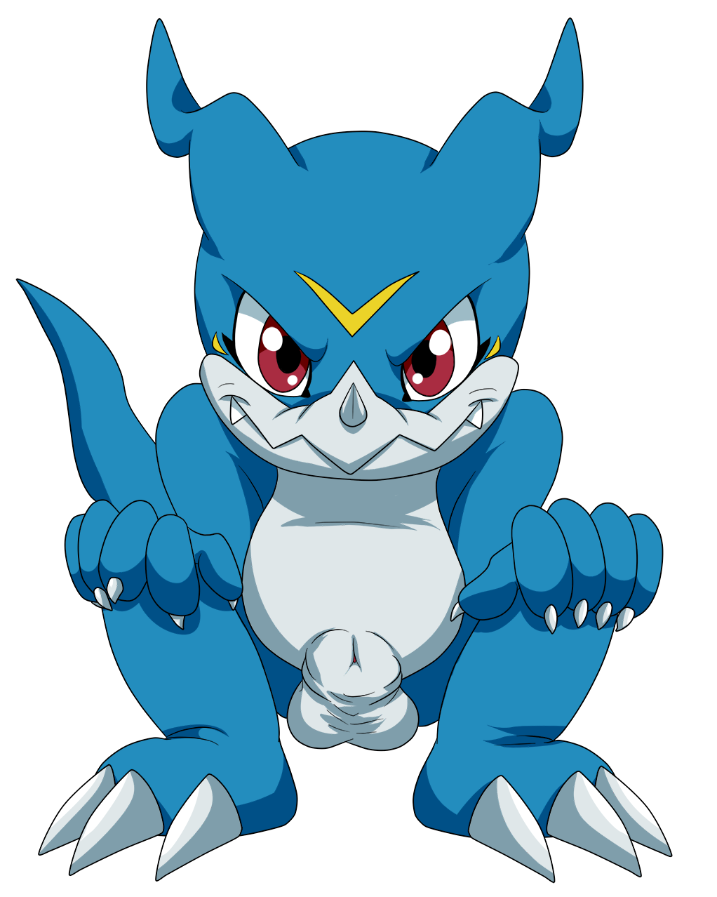 1boy alpha_channel bandai cel_shading claws crouching darthglacier digimon fangs grin hands_on_knees looking_at_viewer male male_only penis rape_face scalie sheath solo testicles transparent_background veemon