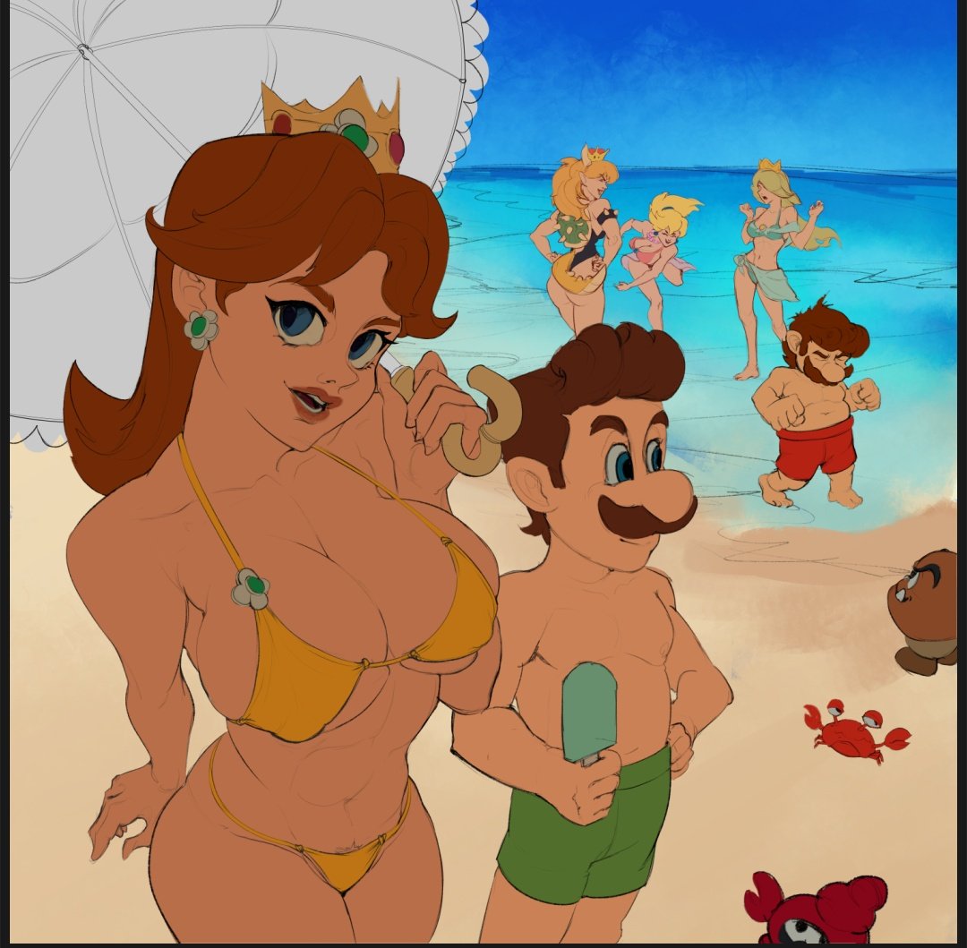 2boys, 4girls, arthropod, beach, big breasts, bikini, bikini bottom, bikini top, blonde hair, blue eyes, bowsette, breasts, brown hair, busty, child bearing hips, clothing, crab, crown, crustacean, earrings, eyelashes, facial hair, female, flower earrings, goomba, green shorts, holding popsicle, holding umbrella, humylit, large breasts, light skin, light-skinned female, light-skinned male, long hair, looking at viewer, luigi, male, male/female, mario, mario (series), mature, mature female, mature male, navel, nintendo, ocean, open mouth, outdoors, popsicle, princess, princess daisy, princess peach, princess rosalina, pubic hair, pubic hair peek, royalty, sensual, sexy, short hair, smile, smiling, thong bikini, toned, umbrella, voluptuous, voluptuous female, water