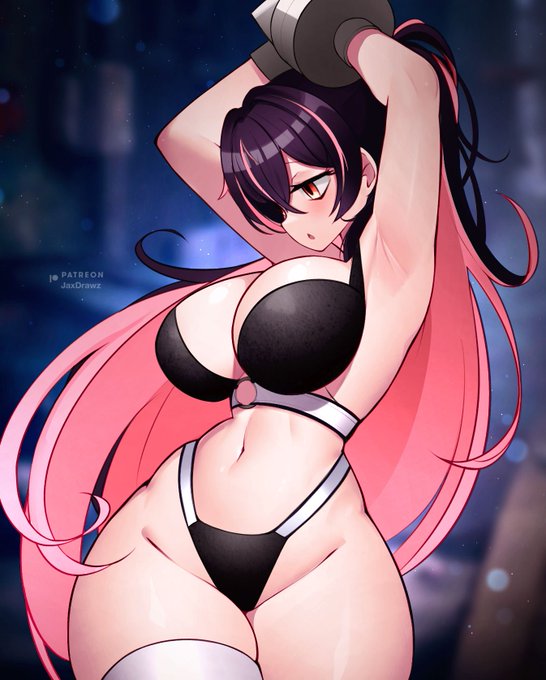 :o, armpits, bangs, big breasts, bra, busty female, curvy female, female, female only, goddess of victory: nikke, hair over one eye, hands restrained, jaxdrawz, long hair, midriff, niike, panties, pink hair, purple hair, quency (nikke), thick thighs, tummy, wide hips