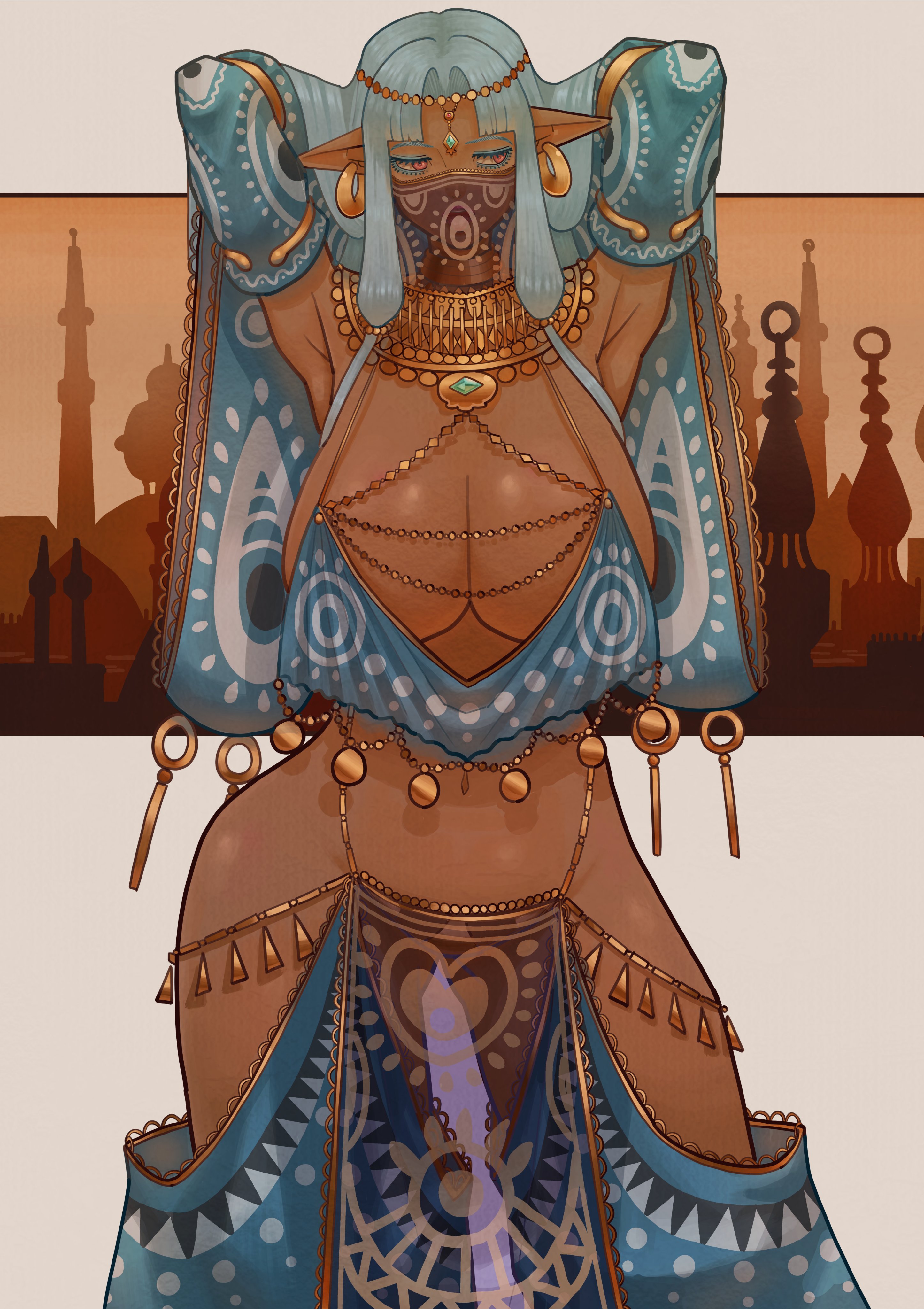 artist request, belly dancer, dark elf, dark skin, dark-skinned female, elf, harem outfit, jewelry, see-through clothing