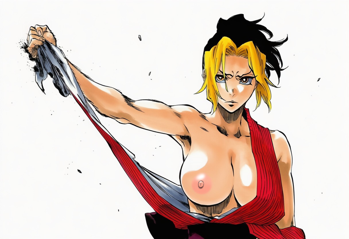 1girls, 2d, ai generated, areolae, arm up, armpits, assisted exposure, bare shoulders, biceps, big breasts, black hair, black sash, blonde hair, breast out, breast slip, breasts, busty, busty female, cel shading, cleavage, clenched hand, closed mouth, clothing, collarbone, debris, demon slayer, dyed bangs, exposed breasts, eyelashes, facing viewer, female, female focus, female only, front view, frown, halter top, high resolution, highres, japanese clothes, kimetsu no yaiba, kimono, kunoichi, large breasts, light skin, light-skinned female, line art, looking at viewer, makio (kimetsu no yaiba), manga style, matching hair/eyes, medium hair, multicolored hair, ninja, nipples, no bra, one breast out, parted lips, partially clothed, pink areola, pink nipples, ponytail, red kimono, ripped clothing, sash, serious, simple background, sleeveless, solo, solo female, solo focus, standing, tearing clothes, tite kubo style, toned, toned female, torn clothes, traditional clothes, two-tone hair, upper body, wardrobe malfunction, white background, yellow eyes