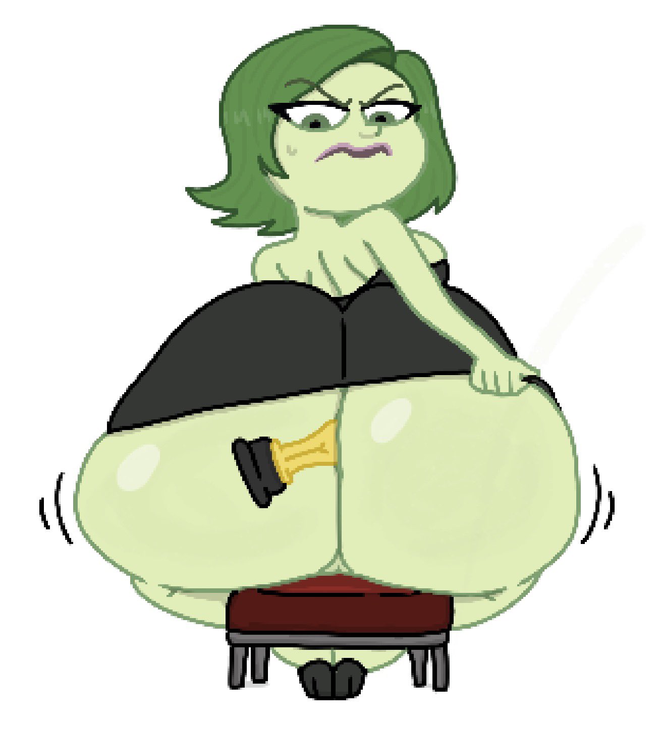 1girls, 2026, 2d, 2d (artwork), 2d artwork, annoyed, annoyed expression, ass, ass bigger than head, ass focus, award, big ass, black dress, clothed, clothed female, digital art, digital drawing (artwork), digital media (artwork), disgust (inside out), disney, dress, dress lift, fat ass, female, green eyes, green hair, green skin, humanoid, inside out, looking back, object in ass, oscars (ceremony), pink lipstick, pixar, solo, stool, tagme, theslashfive, trophy