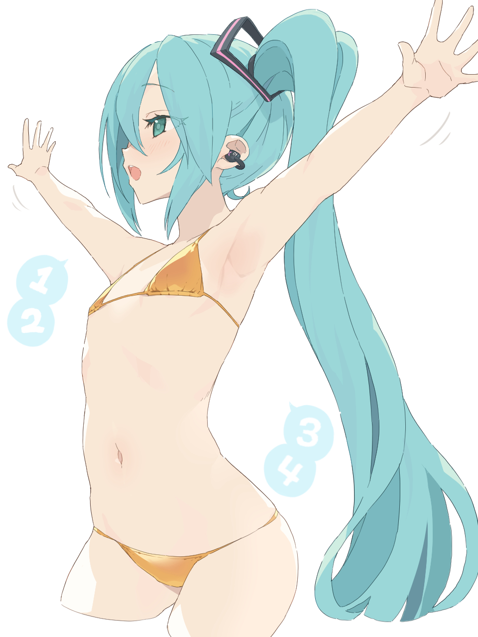 1girls, bikini, blue eyes, blue hair, female, female focus, female only, gold bikini, hatsune miku, solo, solo female, solo focus, vocaloid, vocaloid 2, vocaloid 3, vocaloid 4