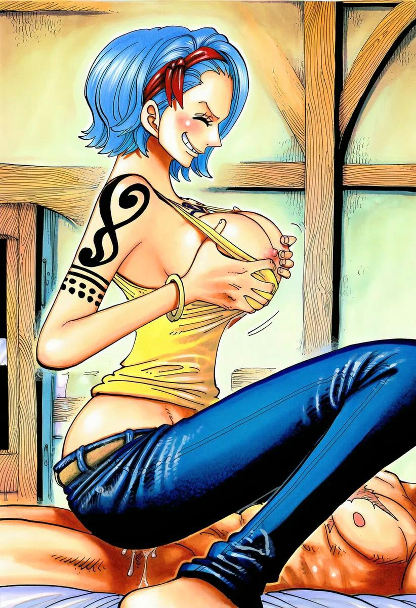 1boy, 1girls, abs, accurate art style, ai generated, arm tattoo, big breasts, blue hair, blue tattoo, blue-haired female, breasts, busty, chest tattoo, closed eyes, cowgirl, cowgirl position, curvy, curvy female, female, grabbing own breast, huge breasts, jeans, luffy, male, male/female, manga, manga style, monkey d luffy, nojiko, on top, one piece, scar, scar on chest, short hair, smile, tatto, tattoo
