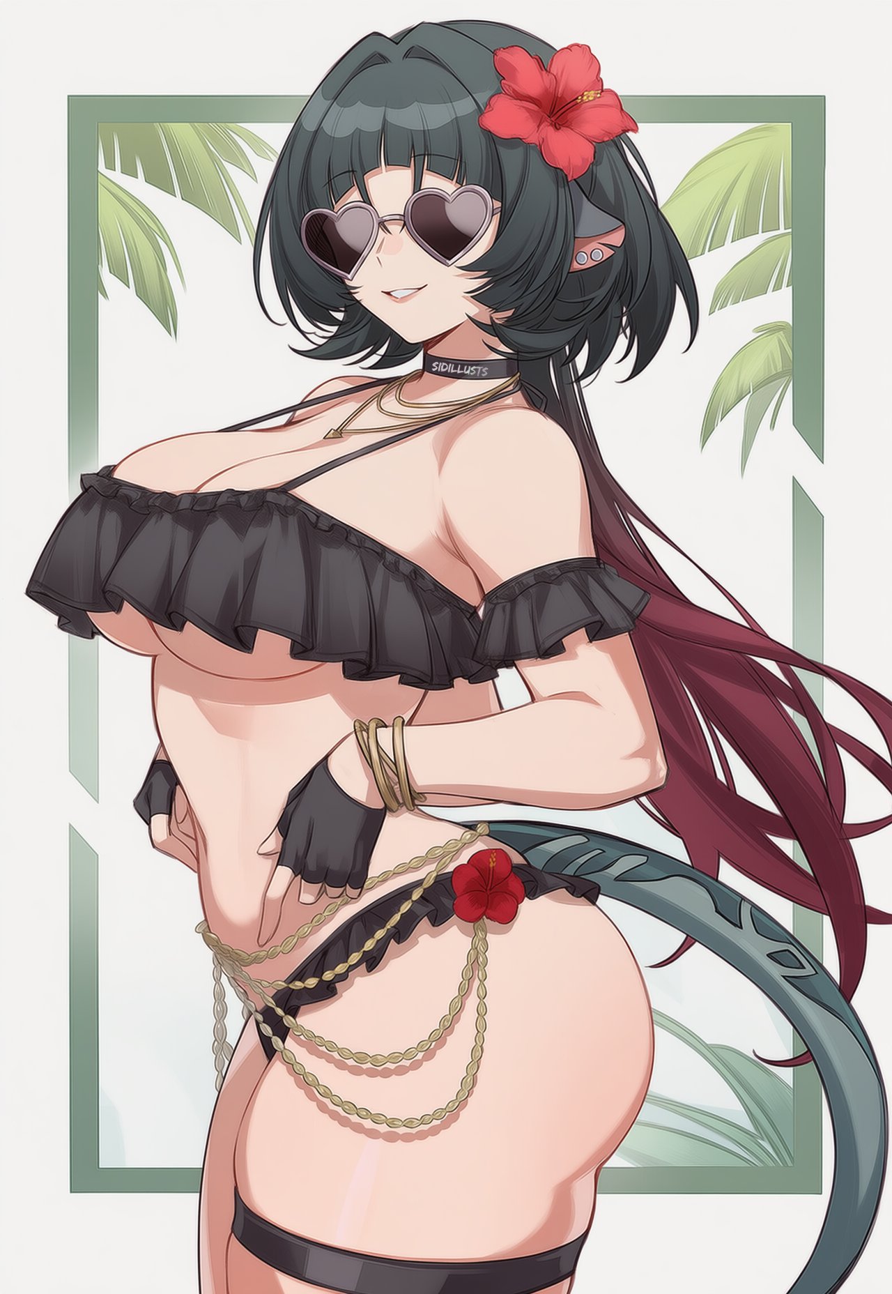 1girl, ai assisted, ai generated, big breasts, bikini, black bikini, black choker, black gloves, black hair, breasts, choker, cleavage, flower, gloves, hair flower, hair ornament, huge breasts, jane doe (zenless zone zero), jewelry, large breasts, long hair, navel, palm tree, sidillusts, smile, solo, sunglasses, swimsuit, thick thighs, thigh strap, thighs, underboob, zenless zone zero