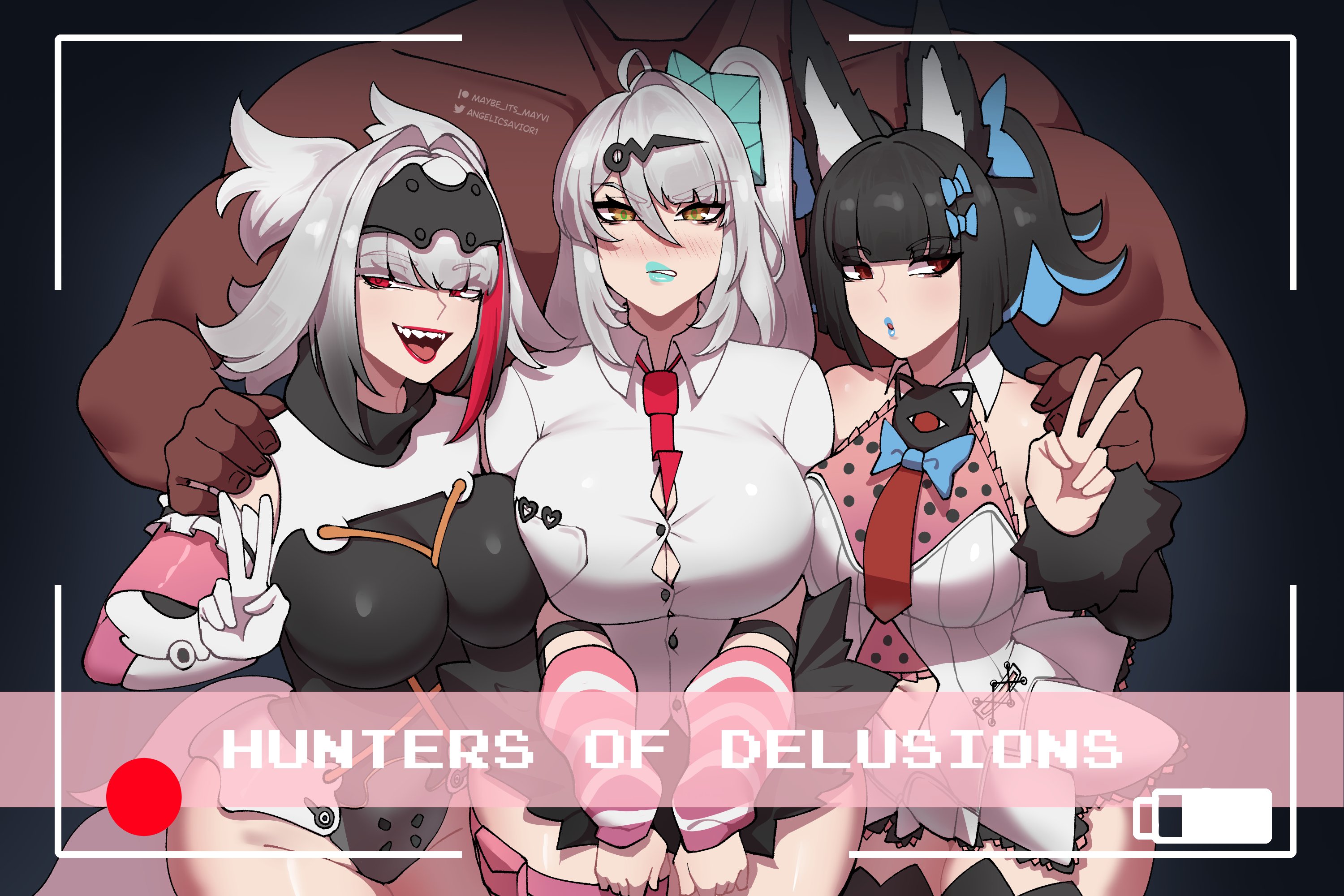 1boy, 3girls, angelicsavior1, angels of delusion, animal ears, aria (zenless zone zero), aria (zenless zone zero) (cosplay), black hair, breasts, brown eyes, collared shirt, commentary, cosplay, dark skin, dark-skinned male, english commentary, highres, hoshimi miyabi, large breasts, looking at viewer, multiple girls, nangong yu (zenless zone zero), nangong yu (zenless zone zero) (cosplay), open mouth, red eyes, shirt, sunna (zenless zone zero), sunna (zenless zone zero) (cosplay), teeth, upper teeth only, v, viewfinder, white hair, white shirt, ye shunguang, yixuan (zenless zone zero), zenless zone zero