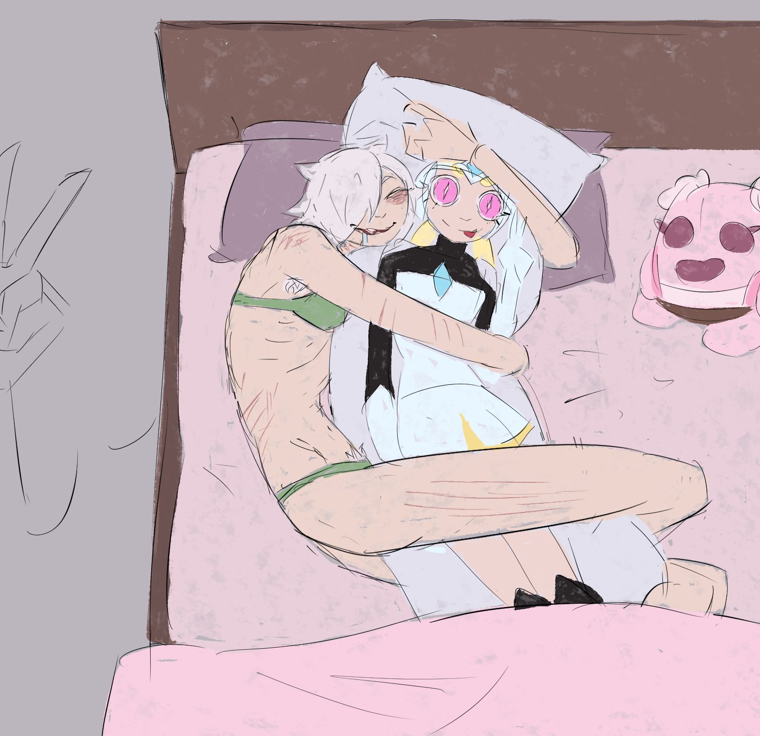 aikraliartya333, armpit hair, armpits, body pillow, bra, brawl stars, breasts, colette (brawl stars), drooling, lying, lying on back, panties, pubic hair, scar, semi nude, short hair, sleeping, slender body, slim waist, starr nova (brawl stars), tagme, underwear, white hair