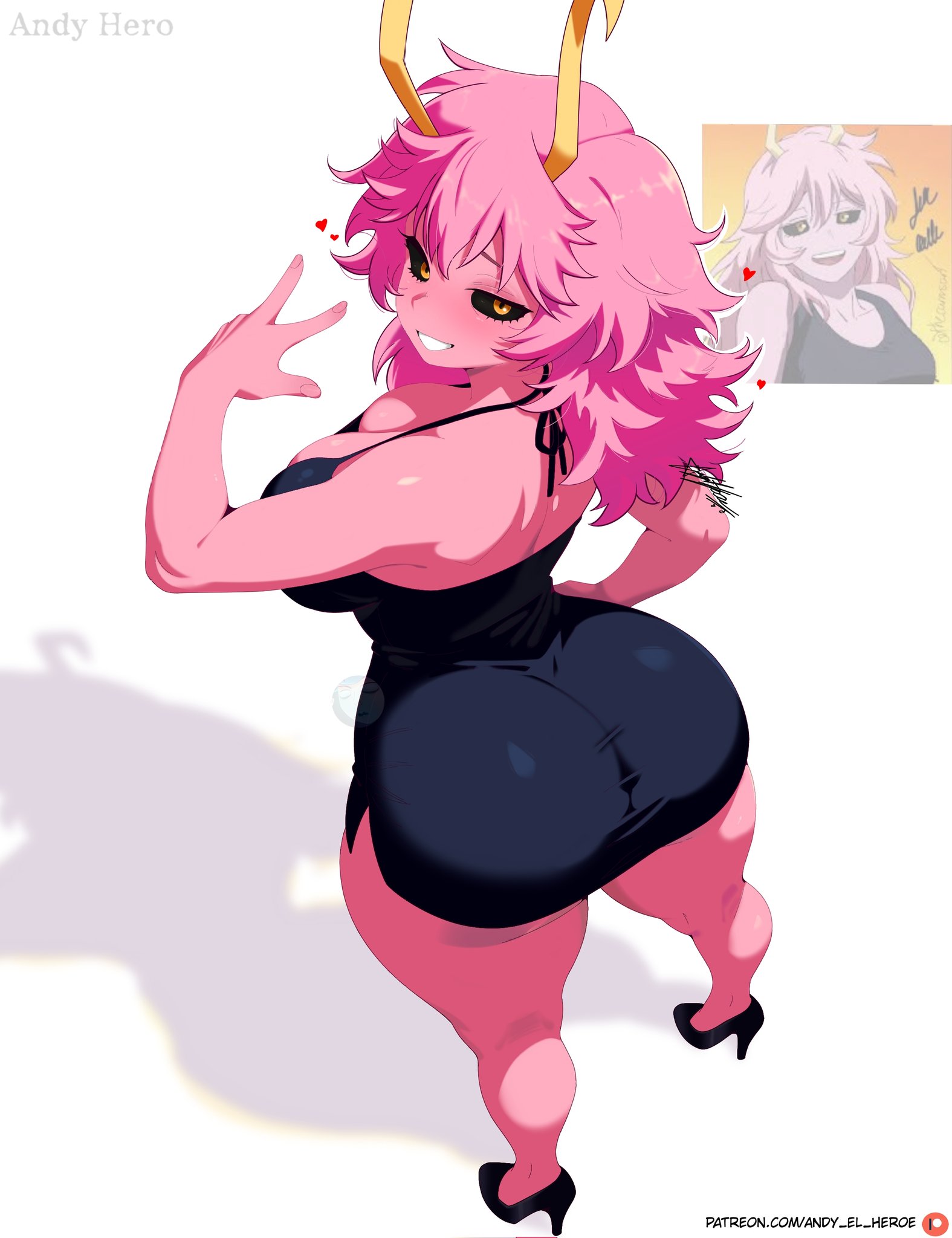 1girls, andy hero, ass, big ass, black dress, black eyes, black heels, boku no hero academia, horns, huge ass, long hair, mina ashido, mina ashido curvy (meme), my hero academia, my hero academia (finale), pink body, pink hair, pink skin, post-timeskip, slim waist, solo, thick thighs, tight dress