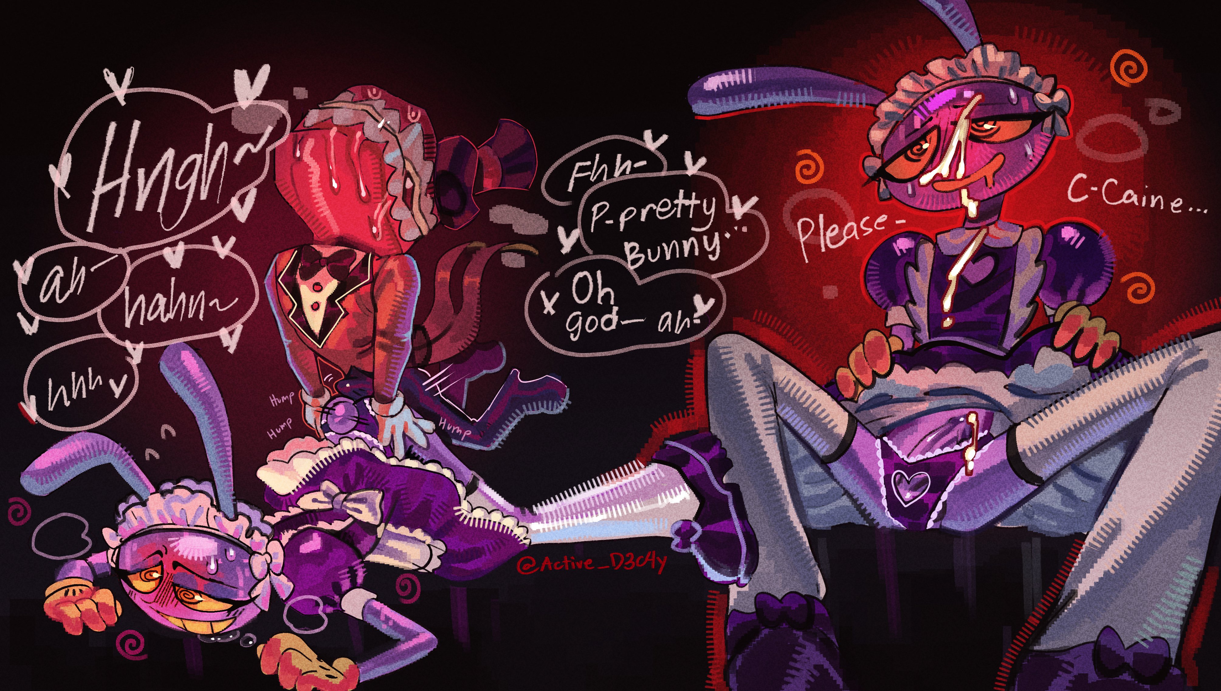 active d3c4y, bunny, caine (tadc), caine (the amazing digital circus), dialogue, dry humping, duo, femboy, gay, gay male, gloves, humping, jax (tadc), jax (the amazing digital circus), maid, maid jax (the amazing digital circus), maid uniform, male only, male/male, mind control, purple fur, rabbit, tagme, the amazing digital circus, yaoi, yellow sclera