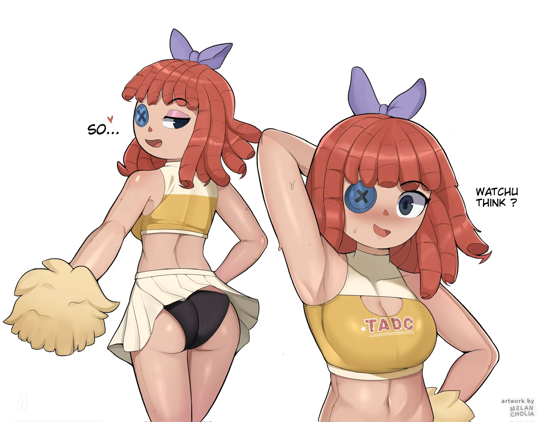 1girls, armpits, ass, boob window, bow, button eye, cheerleader, cheerleader uniform, doll girl, glitch productions, gooseworx, melancholia, pompoms, ragatha, ragatha (tadc), ragatha (the amazing digital circus), ragdoll, red hair, red-haired female, solo female, tagme, tagme (source), the amazing digital circus, triangle nose, upskirt